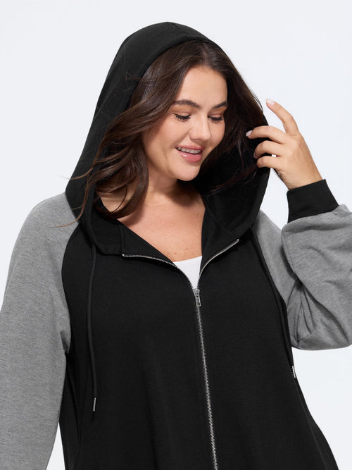 Color Block Raglan Sleeve Zipper Hoodie
