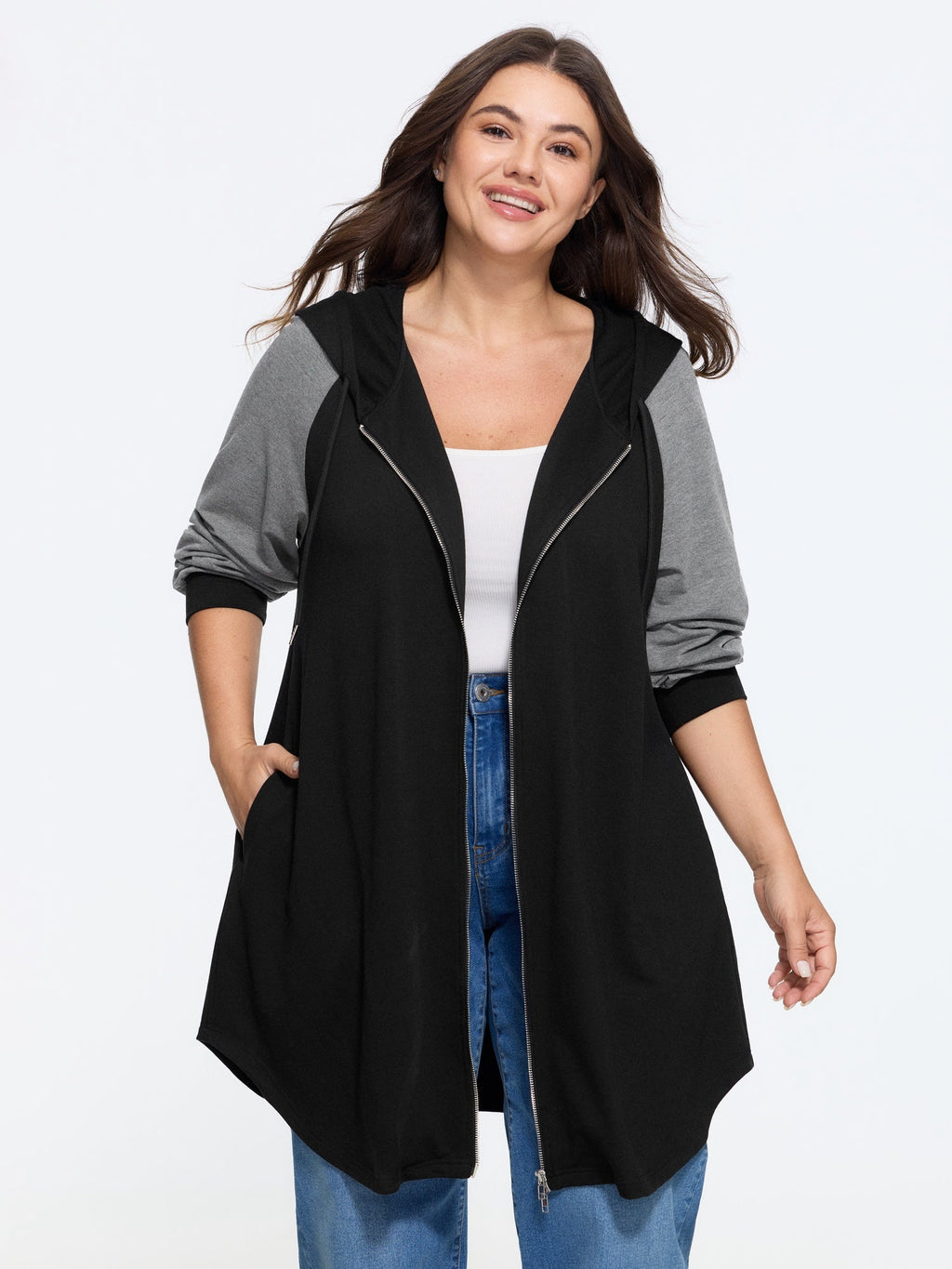 Color Block Raglan Sleeve Zipper Hoodie