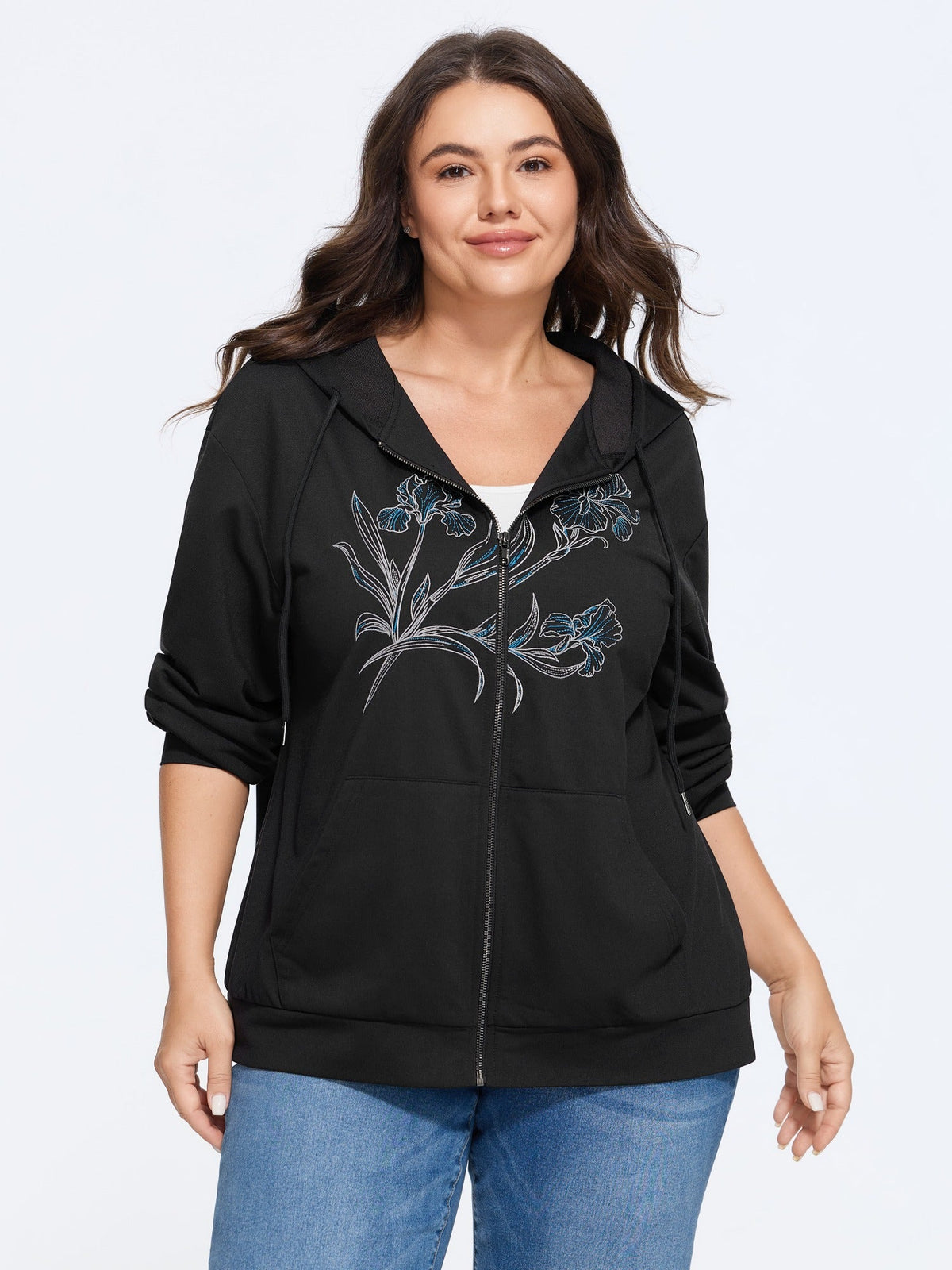 Iris Floral Embroidered Full Zip Hoodie