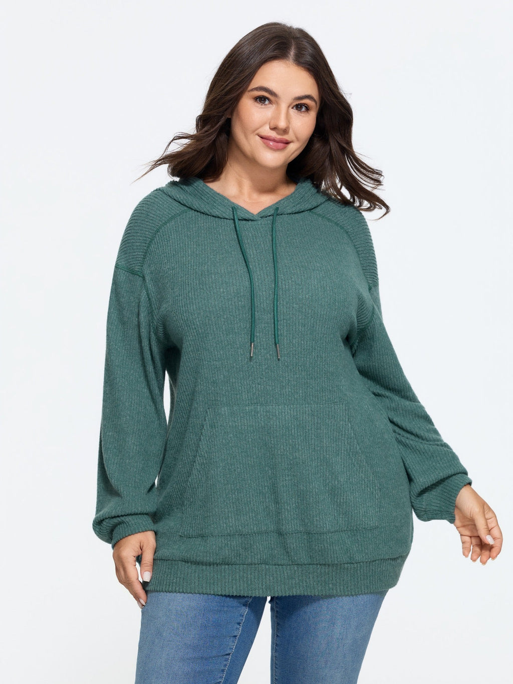 Ribbed Knit Pocket Hoodie Sweatshirt
