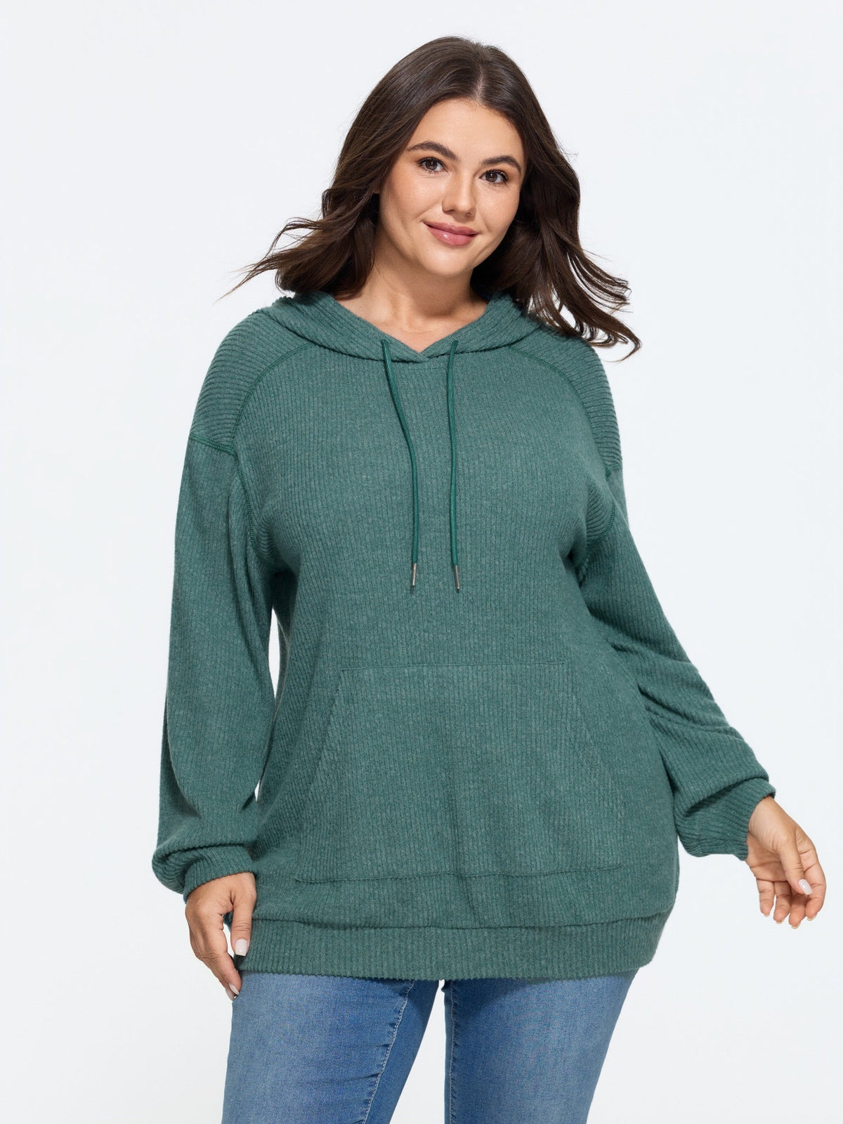 Ribbed Knit Pocket Hoodie Sweatshirt