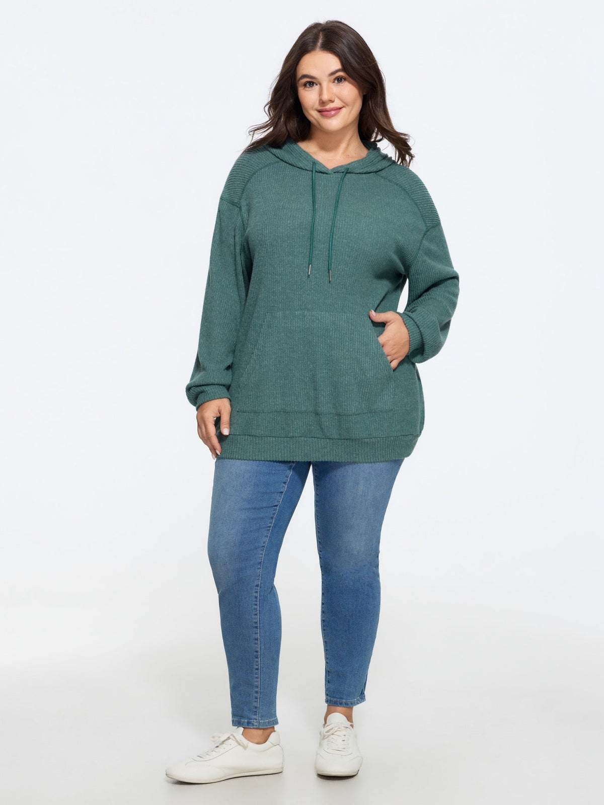 Ribbed Knit Pocket Hoodie Sweatshirt