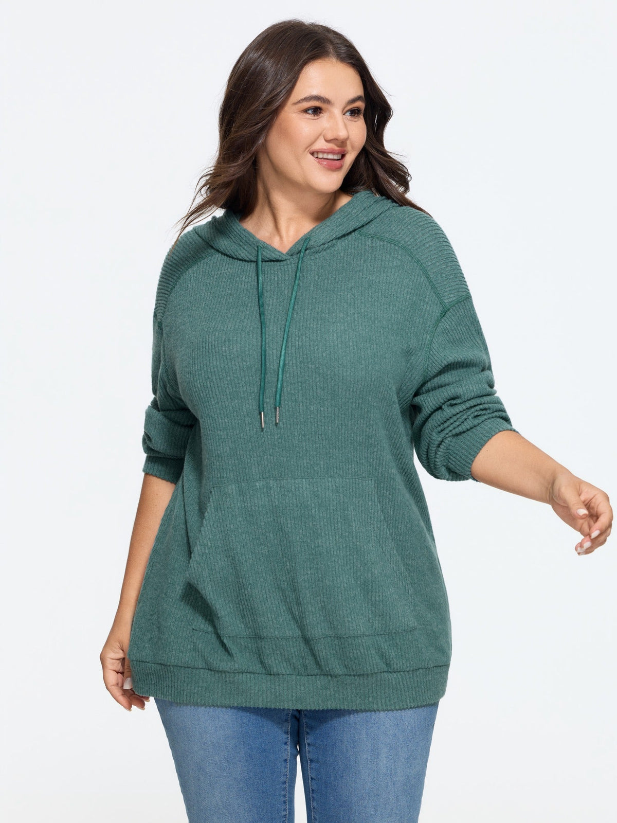 Ribbed Knit Pocket Hoodie Sweatshirt