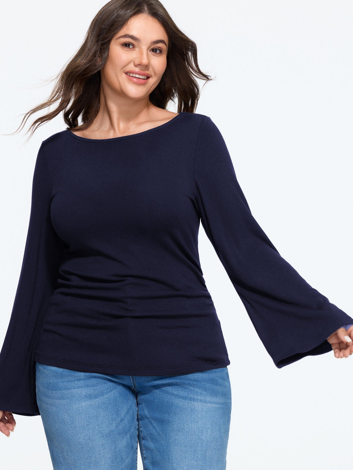 Stretchy Boat Neck Flare Sleeve Fitted T-Shirt