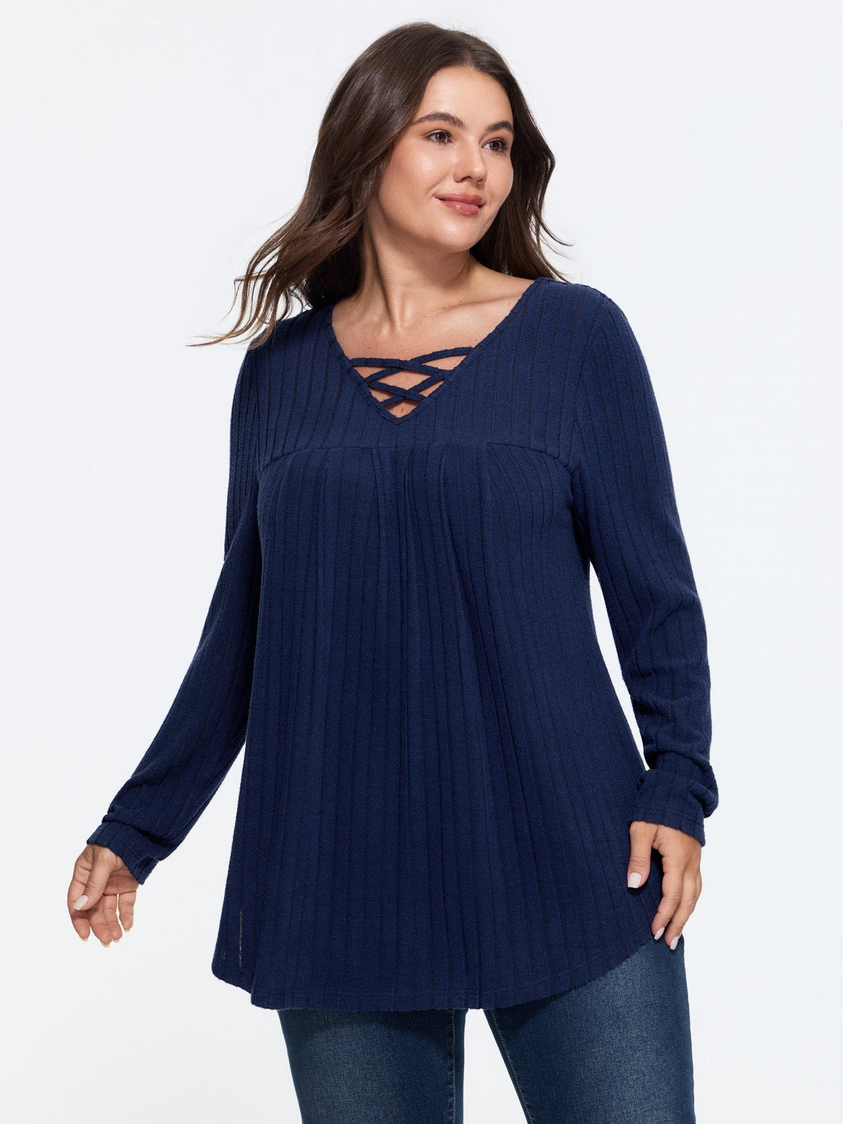 Crisscross Lace Up Neck Ribbed Top