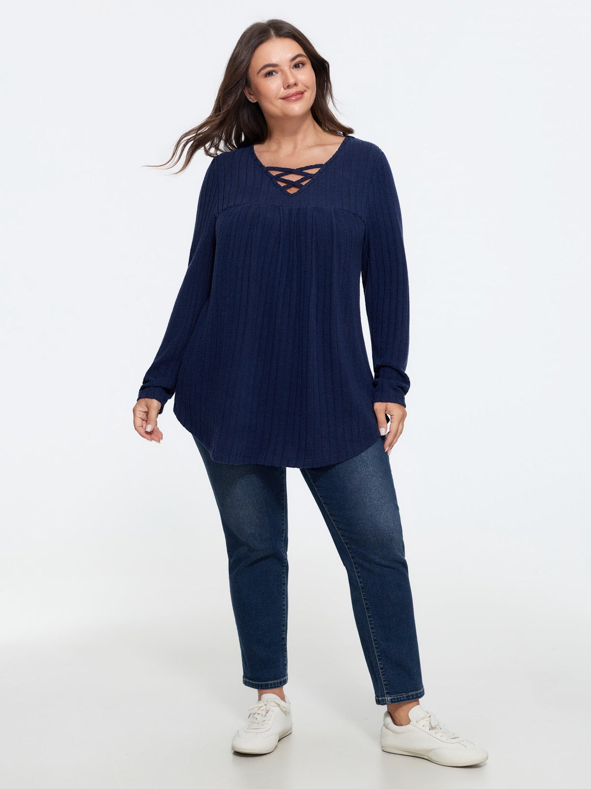 Crisscross Lace Up Neck Ribbed Top