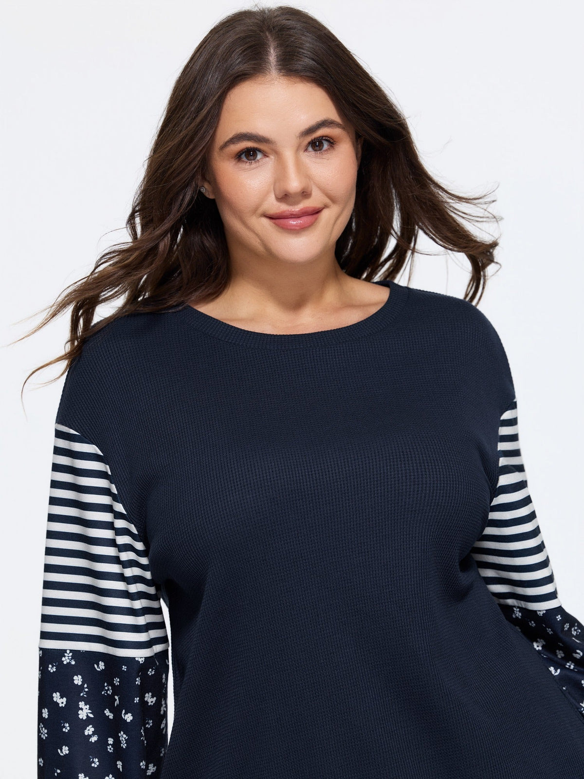 Striped Floral Patchwork Long Sleeve Waffle Knit Sweatshirt