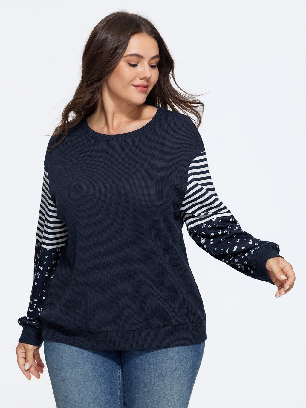 Striped Floral Patchwork Long Sleeve Waffle Knit Sweatshirt