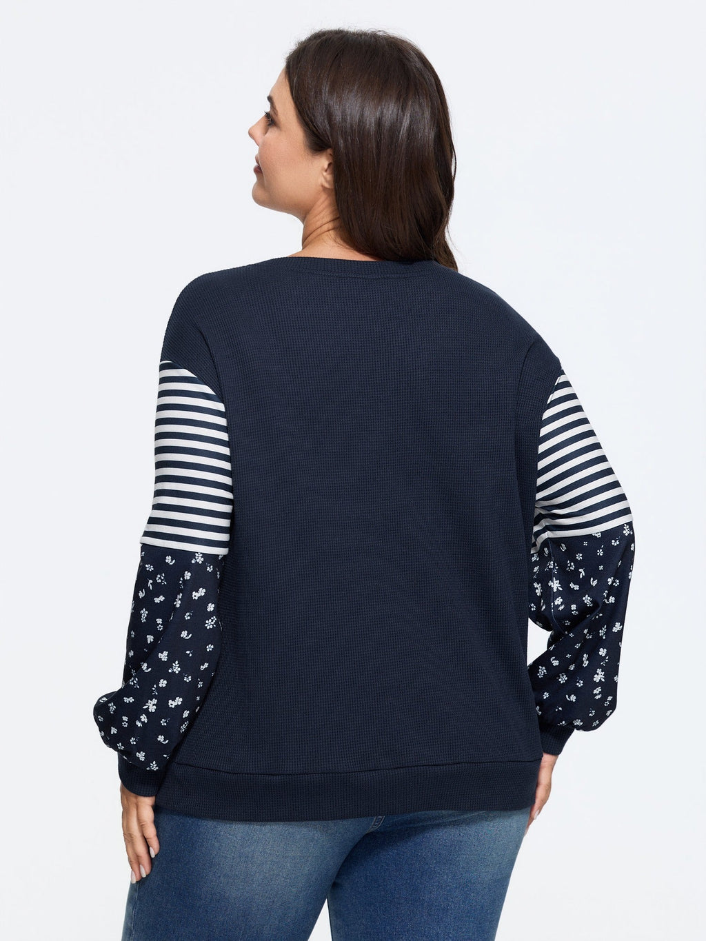 Striped Floral Patchwork Long Sleeve Waffle Knit Sweatshirt