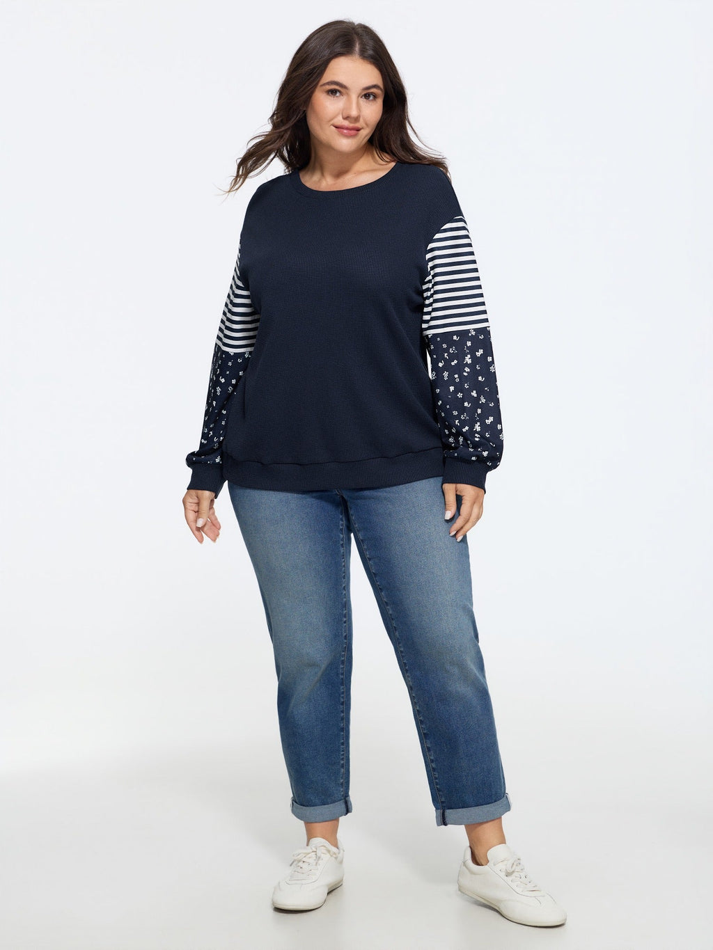 Striped Floral Patchwork Long Sleeve Waffle Knit Sweatshirt