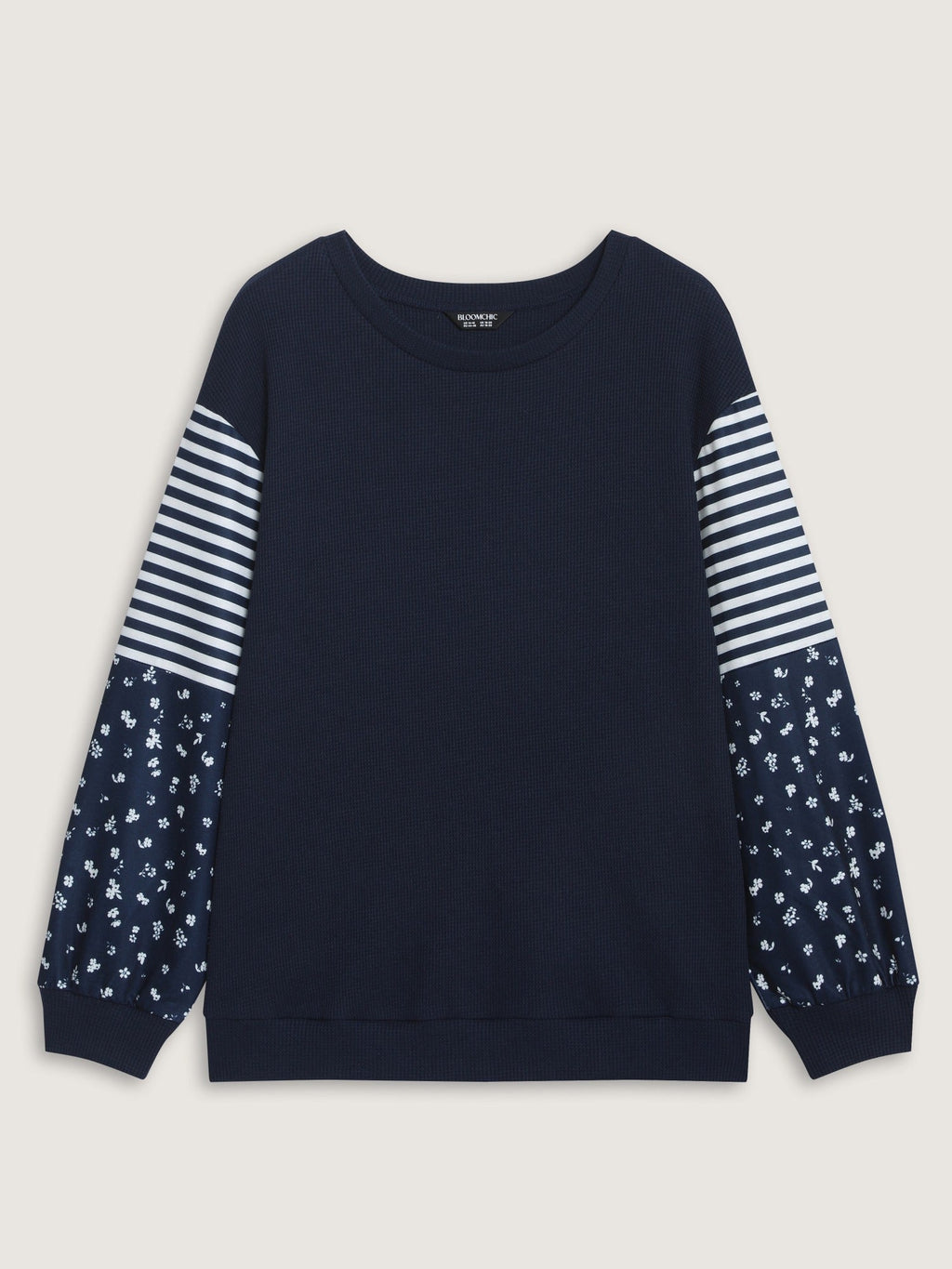 Striped Floral Patchwork Long Sleeve Waffle Knit Sweatshirt