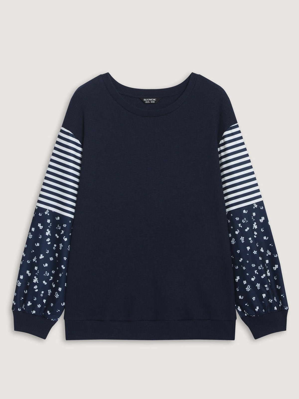 Striped Floral Patchwork Long Sleeve Waffle Knit Sweatshirt