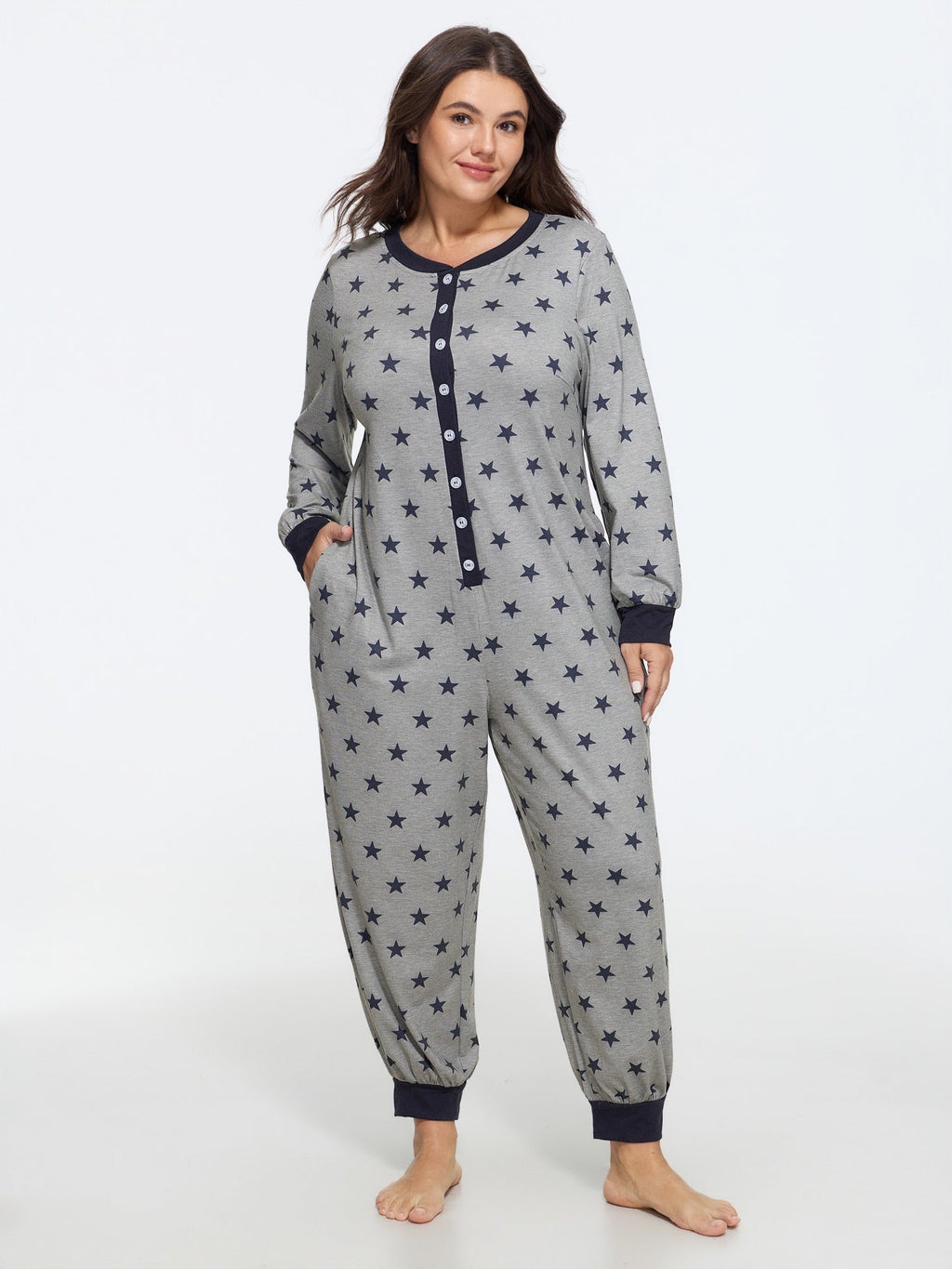 Star Print Button Front Lounge Jumpsuit