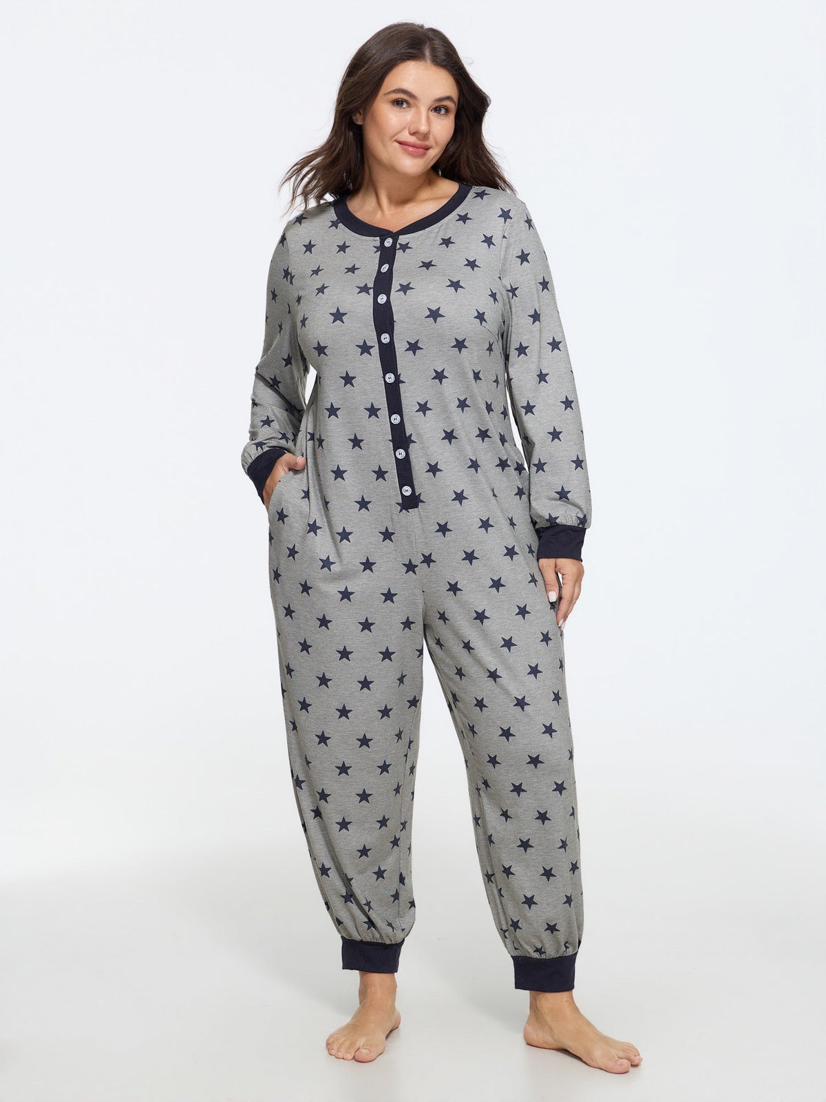 Star Print Button Front Lounge Jumpsuit