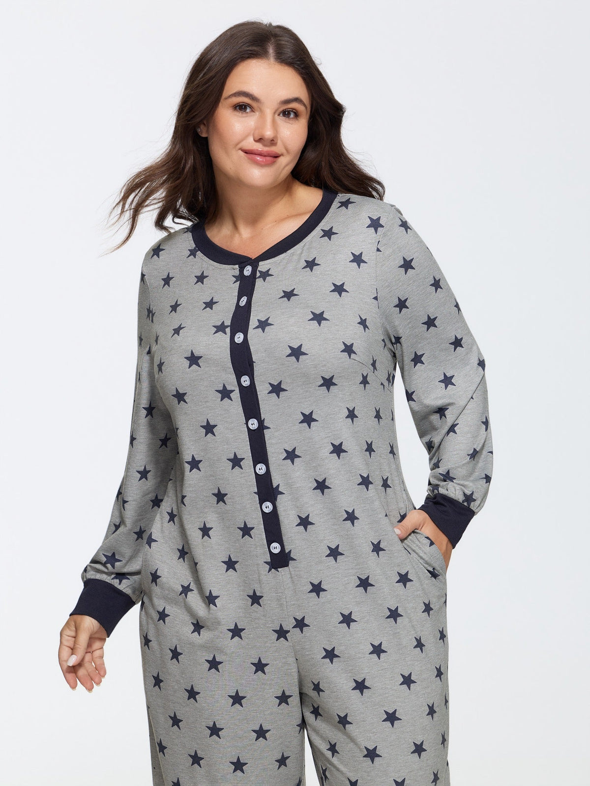 Star Print Button Front Lounge Jumpsuit