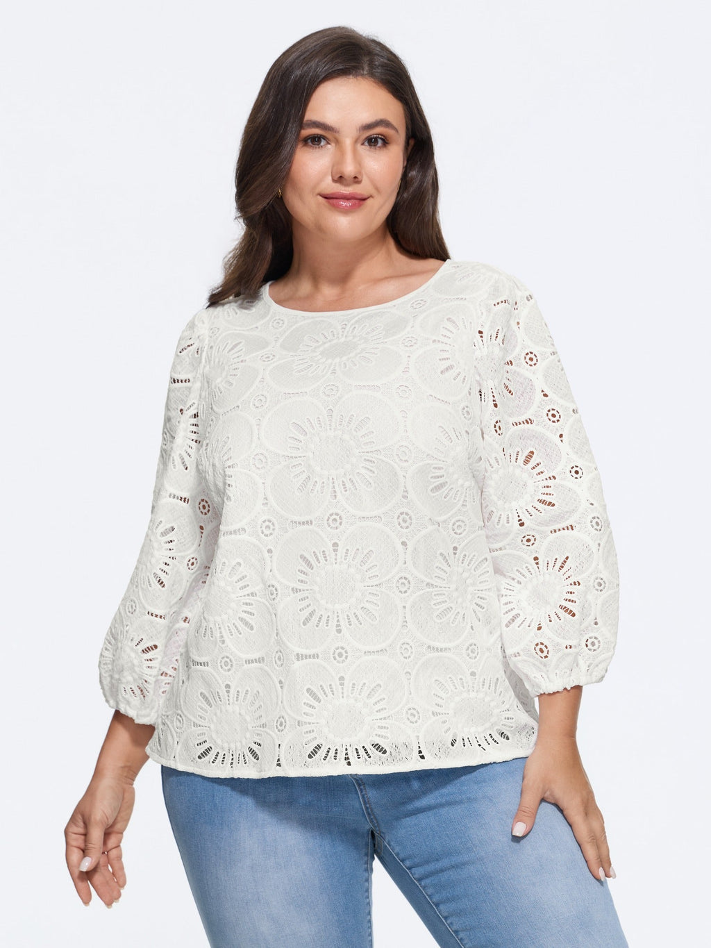 Floral Lace Cut Out Round Neck Blouse