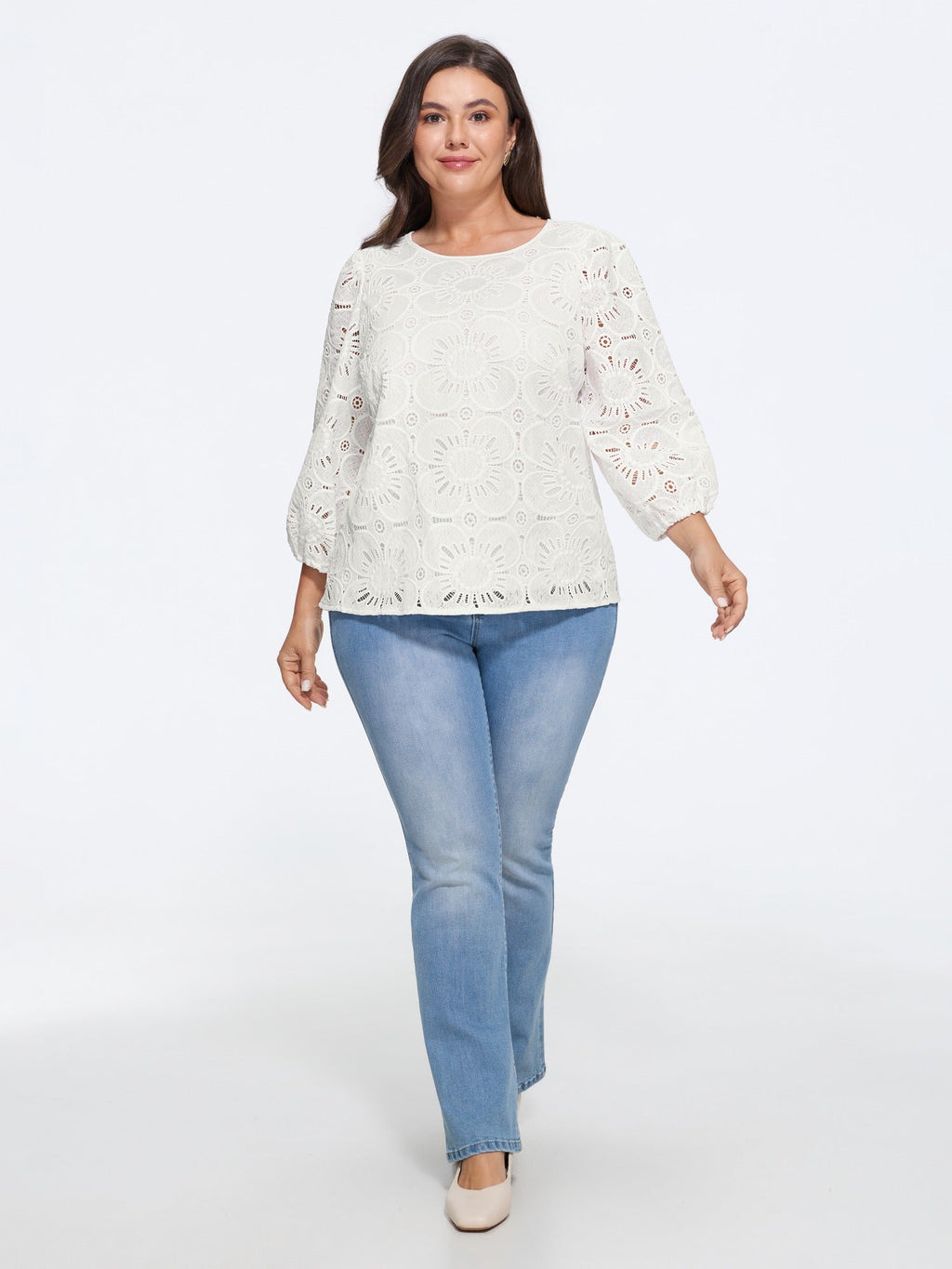 Floral Lace Cut Out Round Neck Blouse