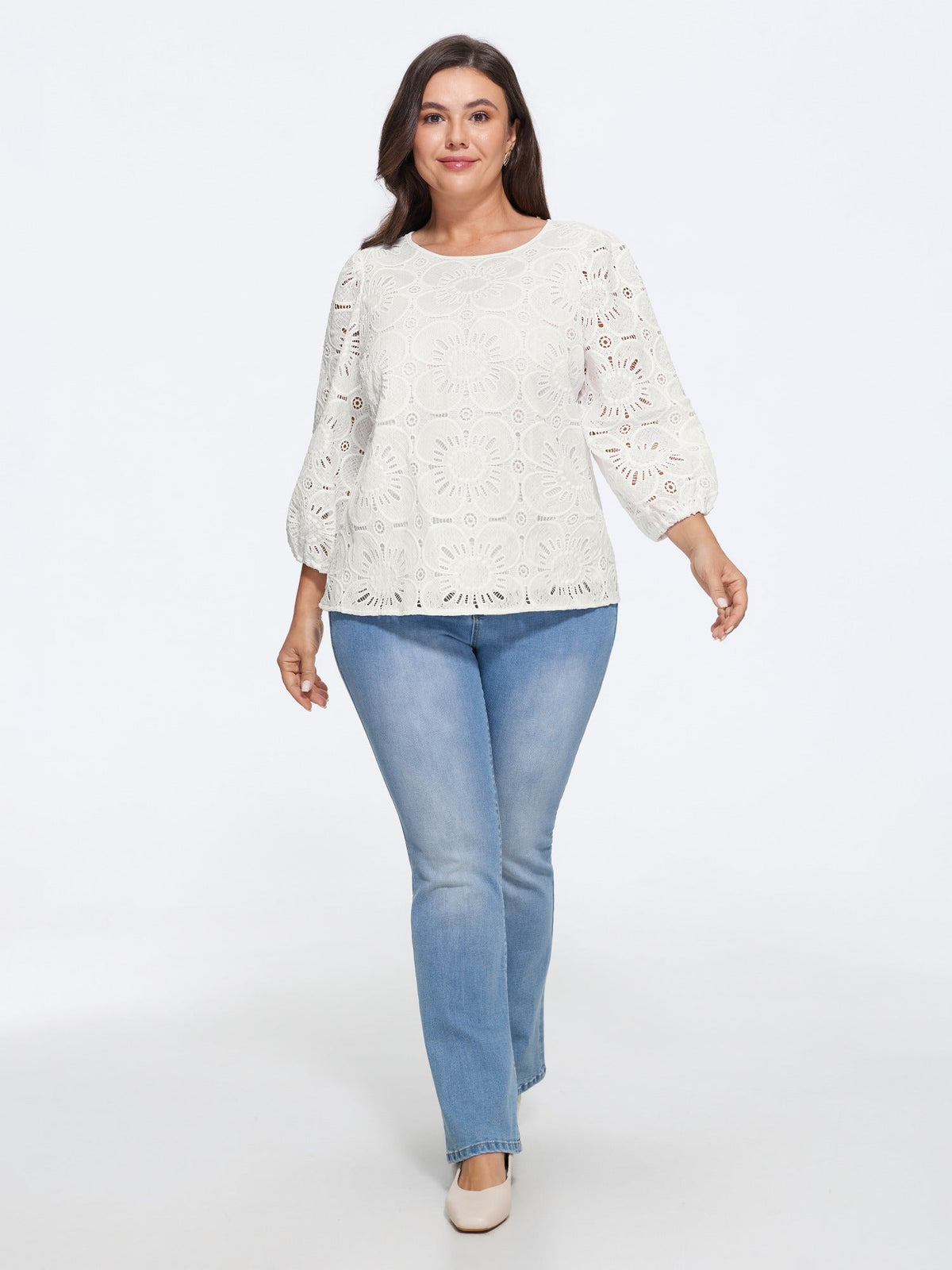 Floral Lace Cut Out Round Neck Blouse