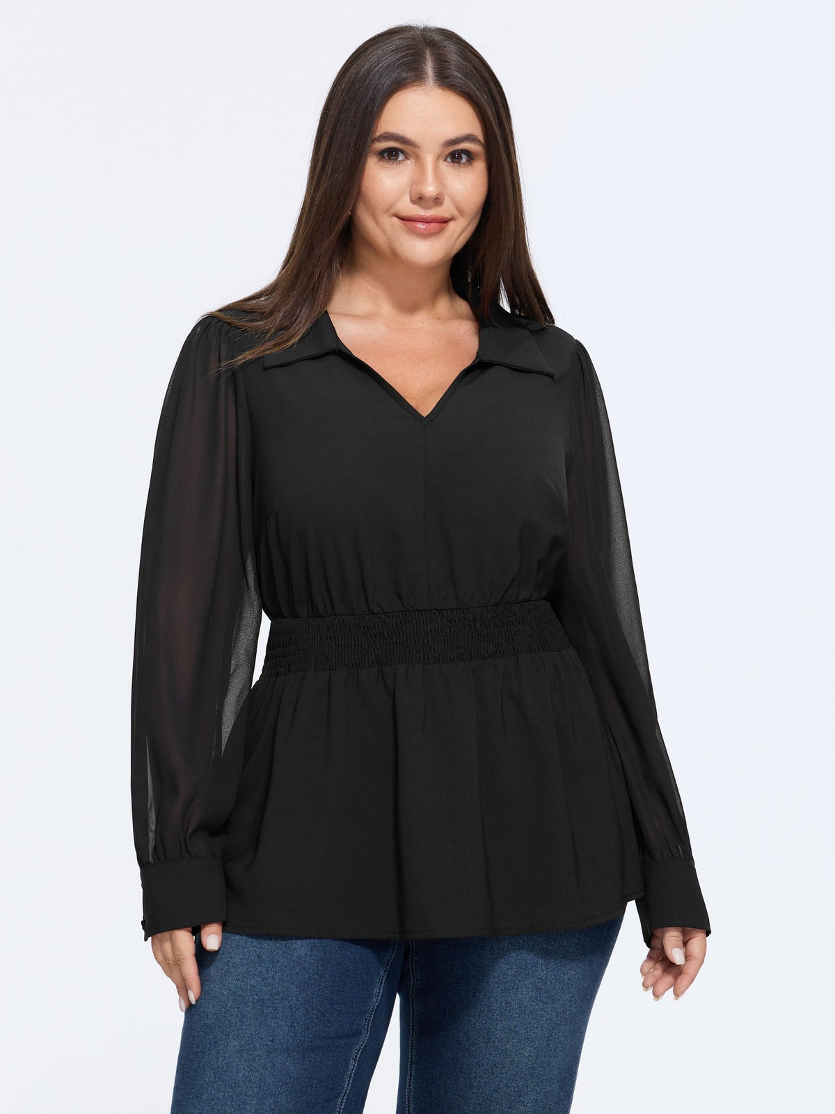 Solid Collared Shirred Waist Blouse