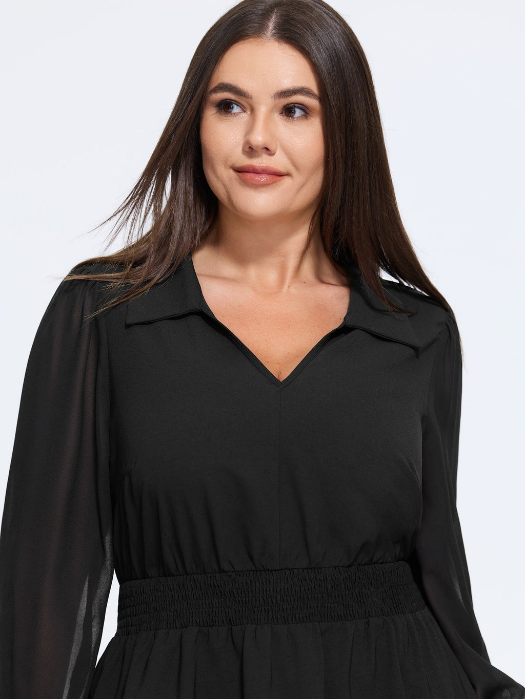 Solid Collared Shirred Waist Blouse