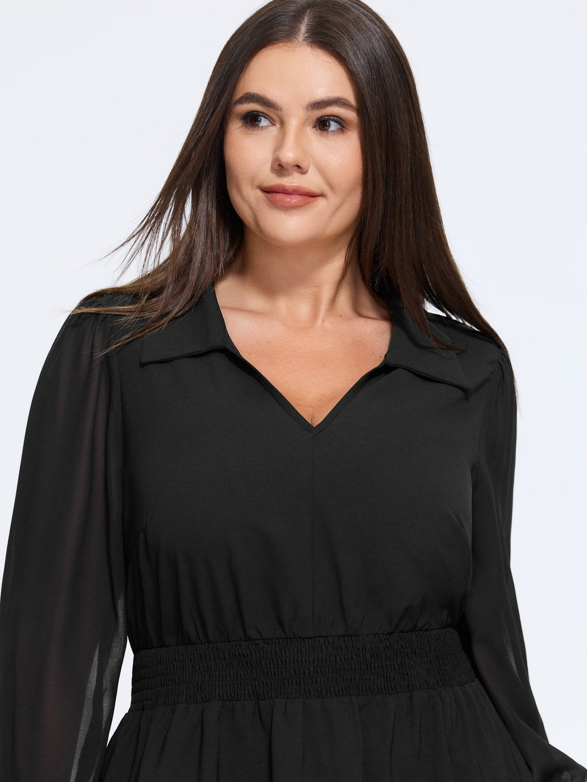 Solid Collared Shirred Waist Blouse