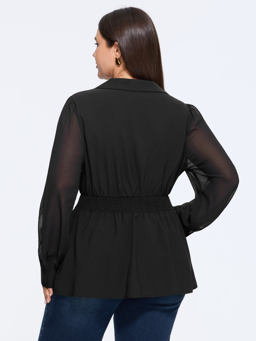 Solid Collared Shirred Waist Blouse