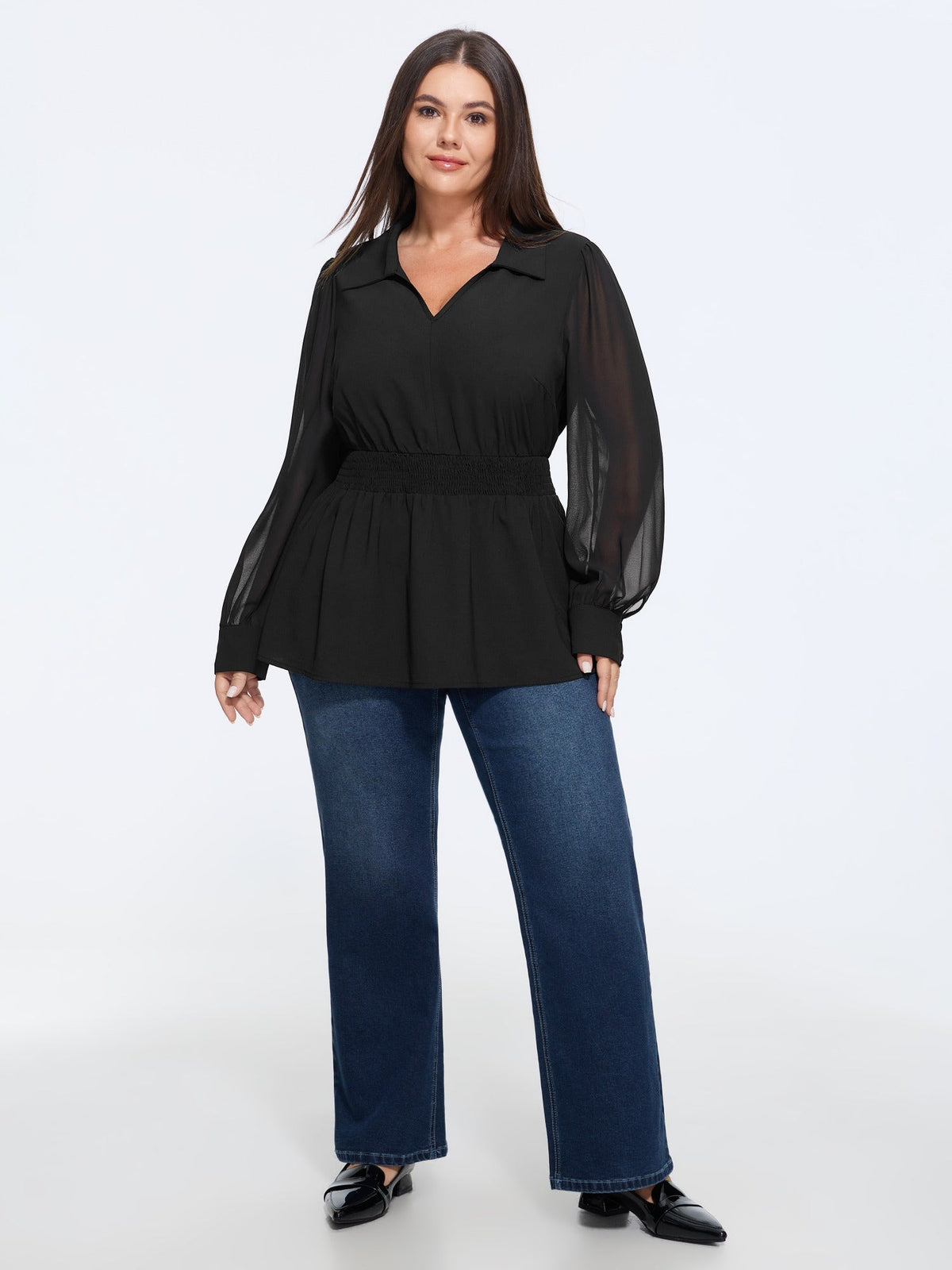 Solid Collared Shirred Waist Blouse