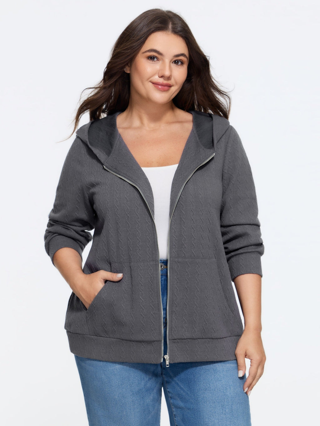 Cable Knit Pocket Zipper Hoodie