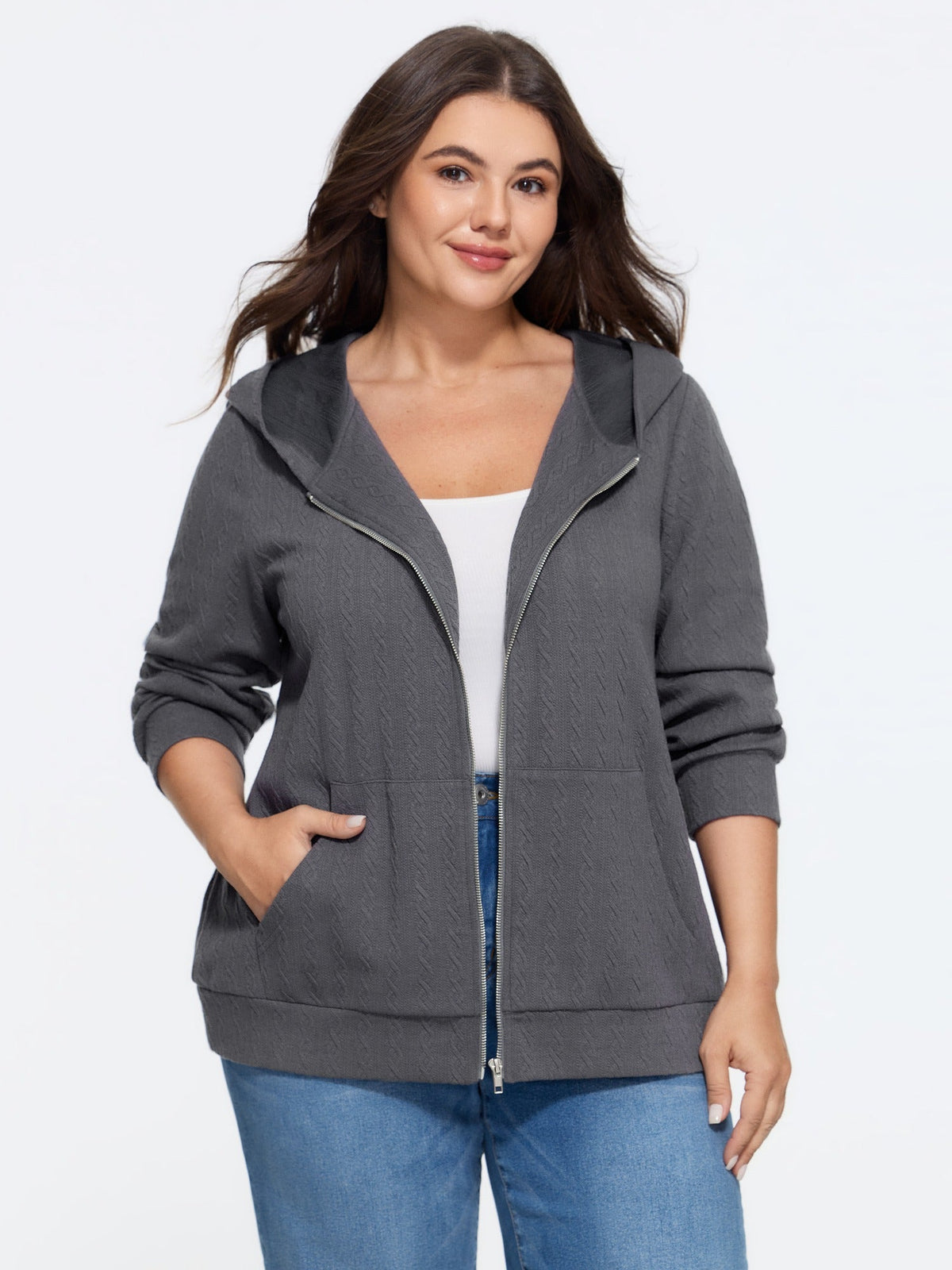 Cable Knit Pocket Zipper Hoodie