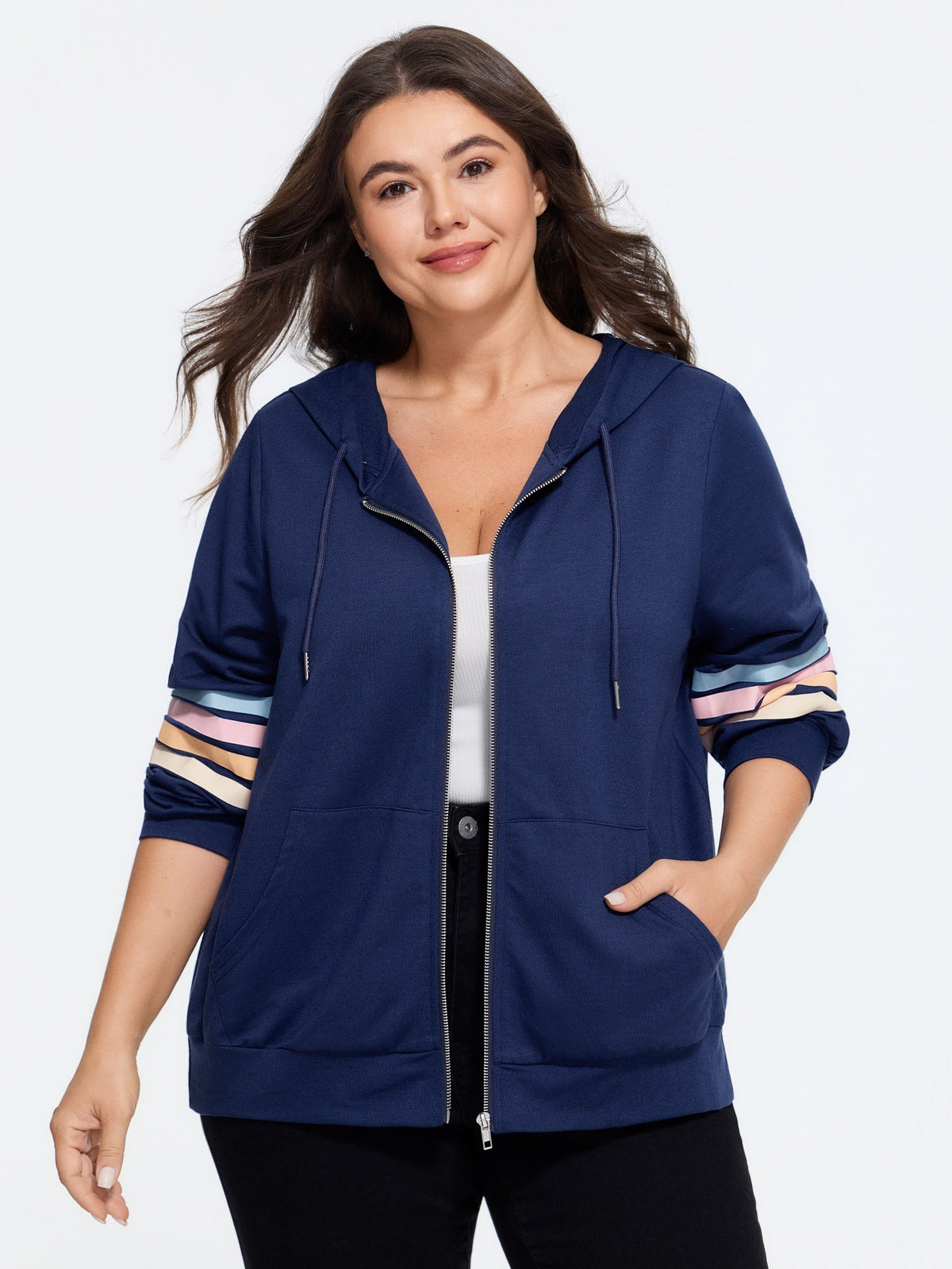 Color Stripe Sleeve Drawstring Zipper Hoodie