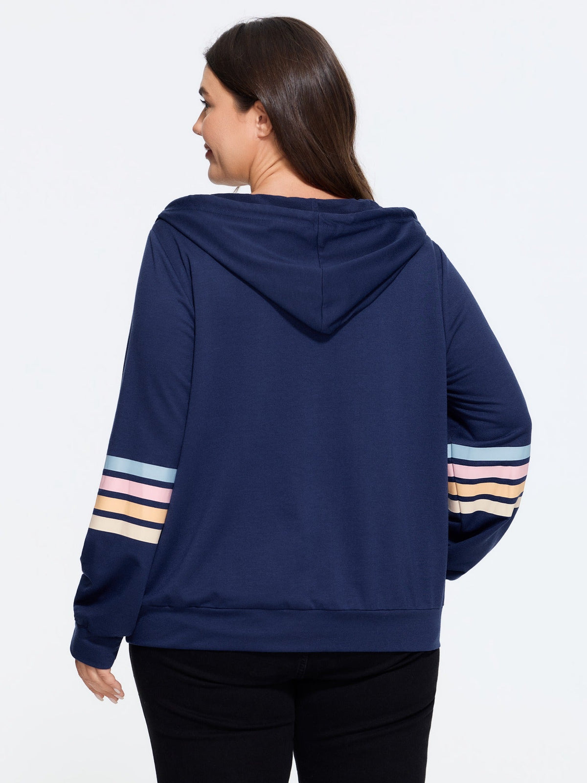 Color Stripe Sleeve Drawstring Zipper Hoodie