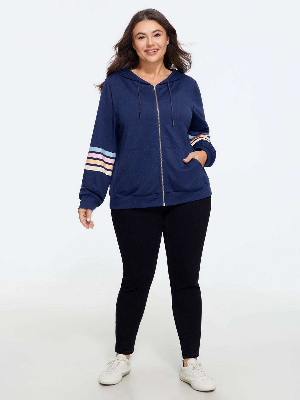Color Stripe Sleeve Drawstring Zipper Hoodie