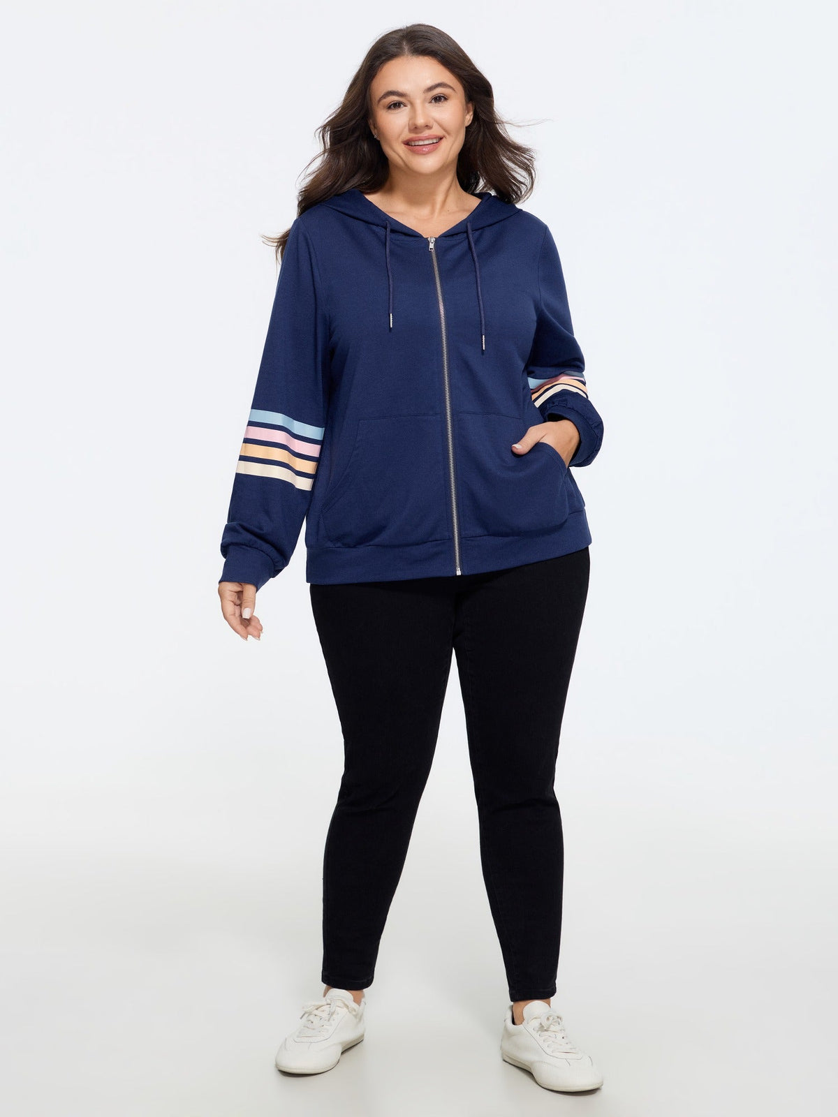 Color Stripe Sleeve Drawstring Zipper Hoodie