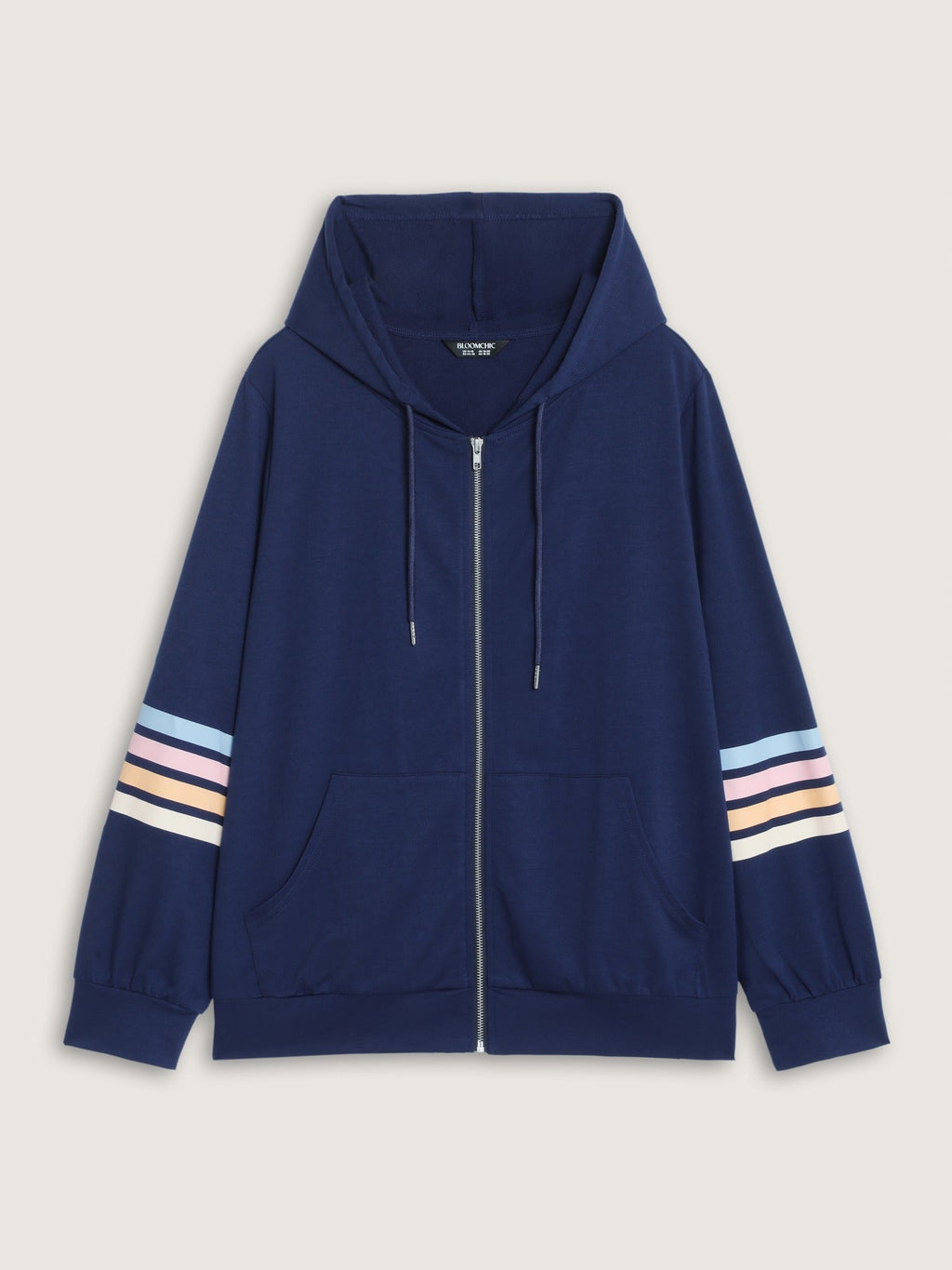 Color Stripe Sleeve Drawstring Zipper Hoodie