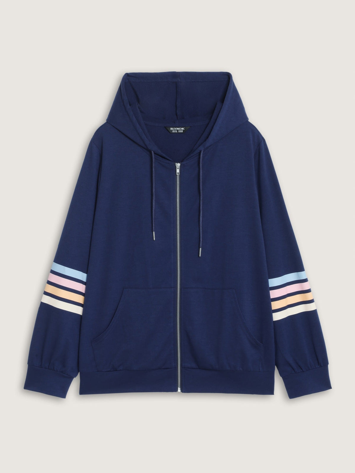 Color Stripe Sleeve Drawstring Zipper Hoodie