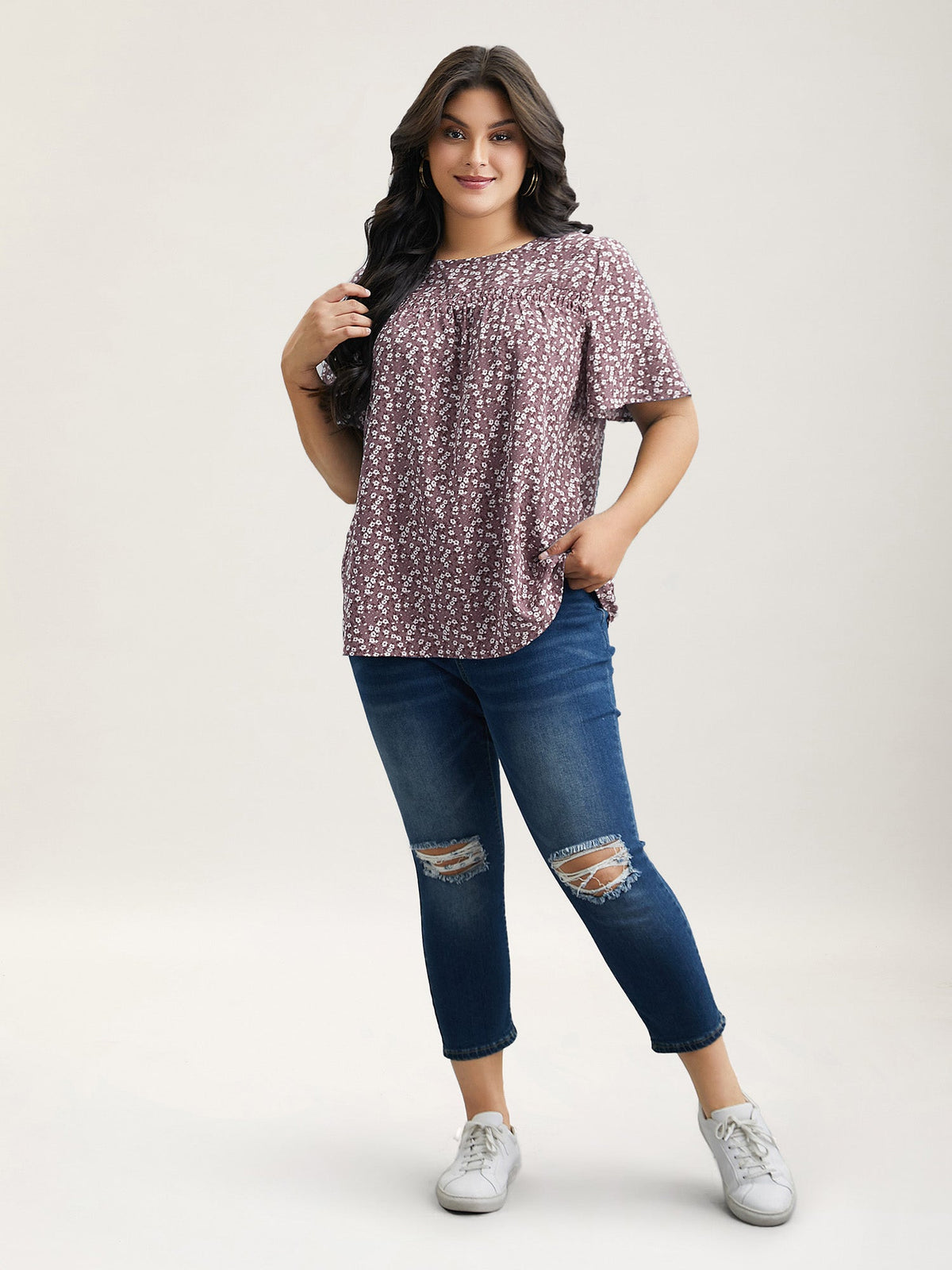 Floral Ruffle Sleeve Gathered Round Neck Blouse