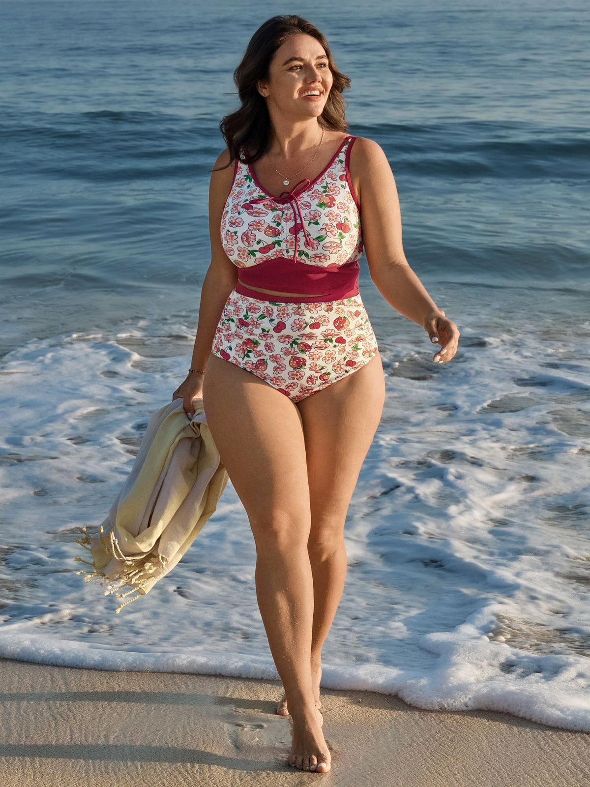 Floral Print Drawstring Front Bikini Top