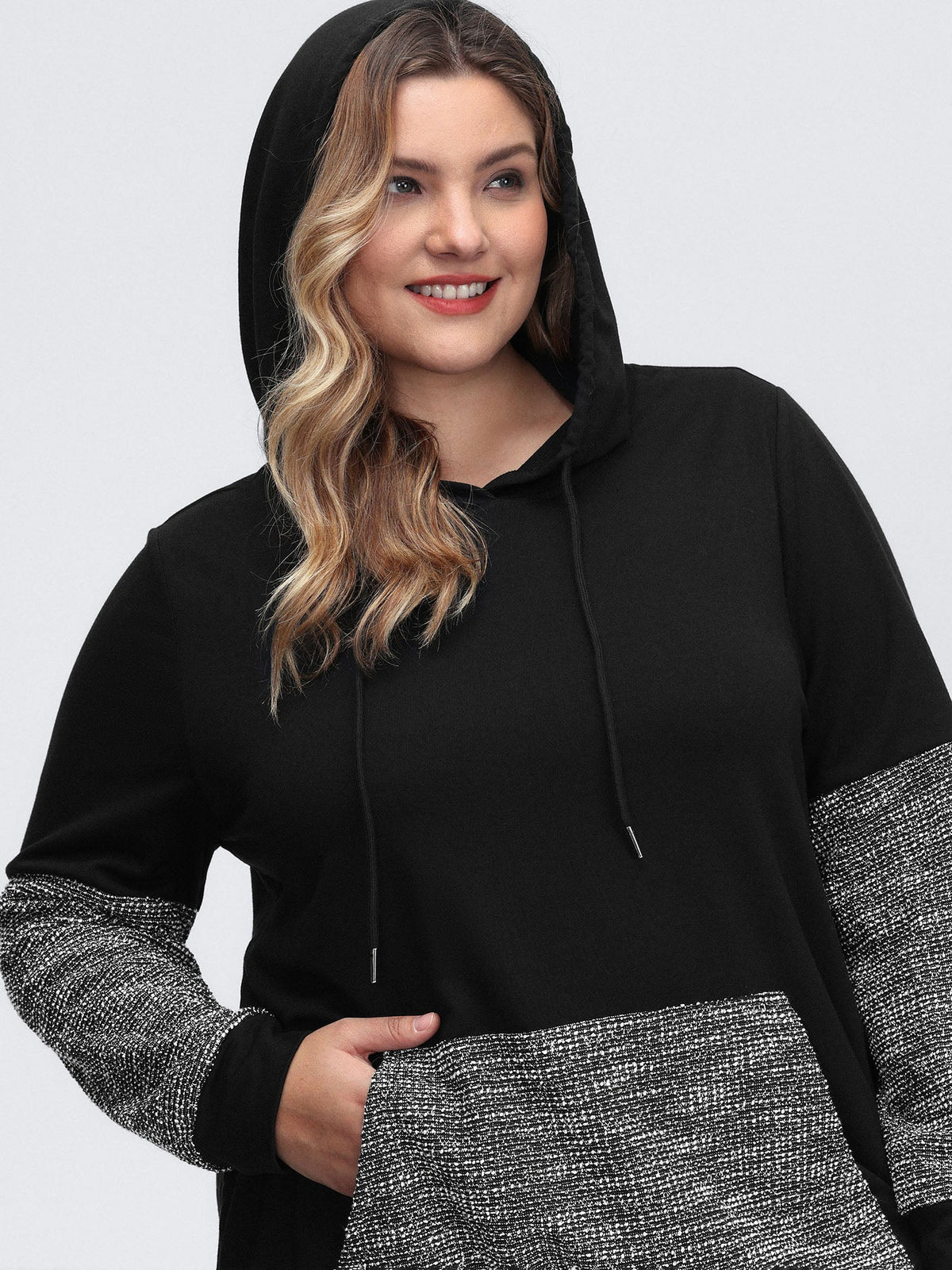 Spliced Color Contrast Textured Hoodie