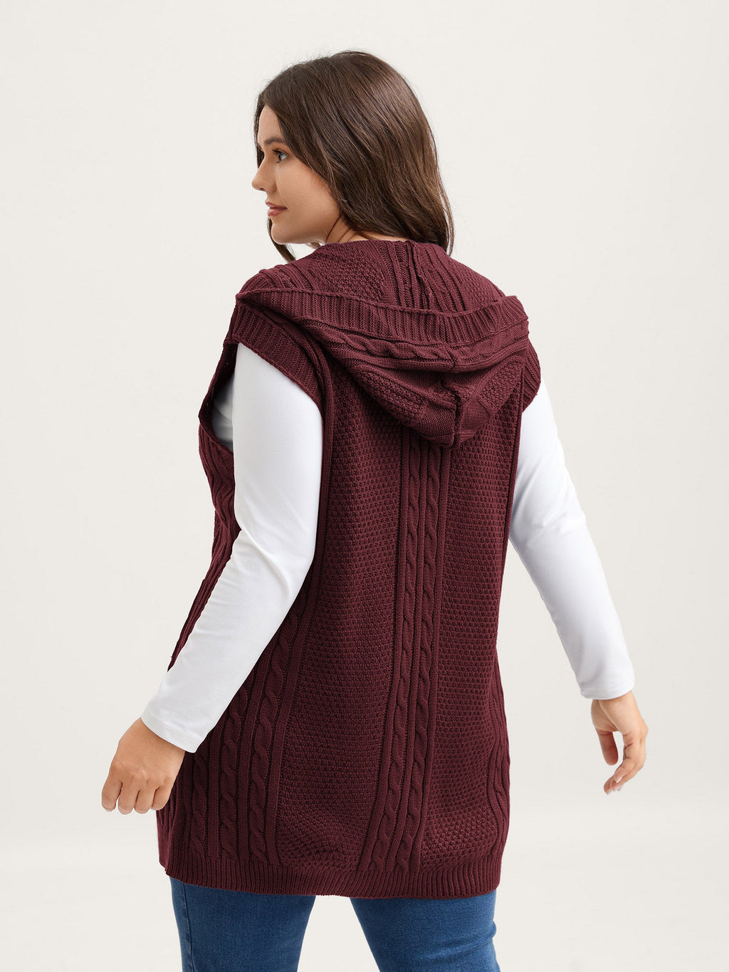Hooded Sleeveless Cable Knit Cardigan