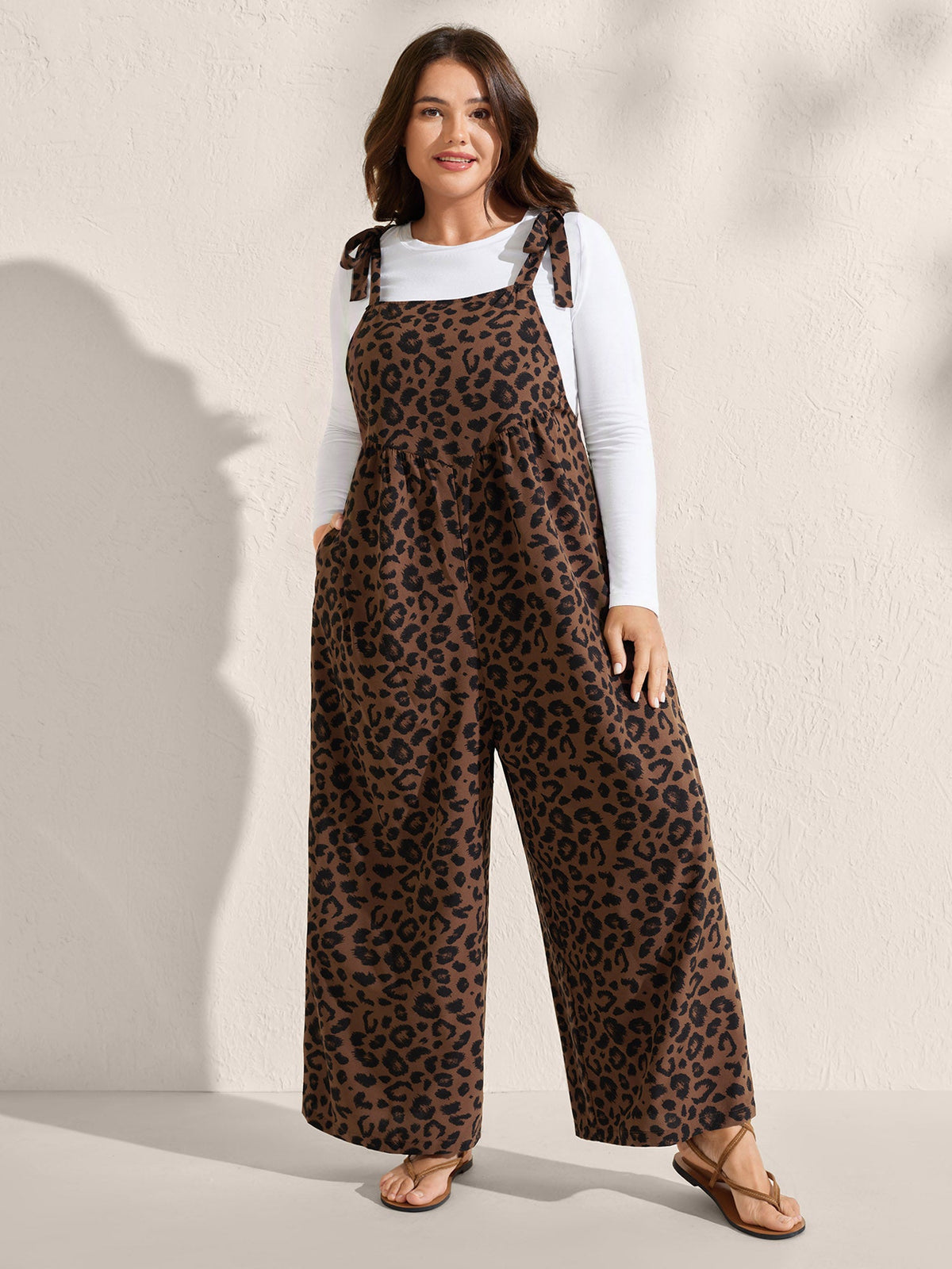 Leopard Print Pockets Shoulder Ties Jumpsuit