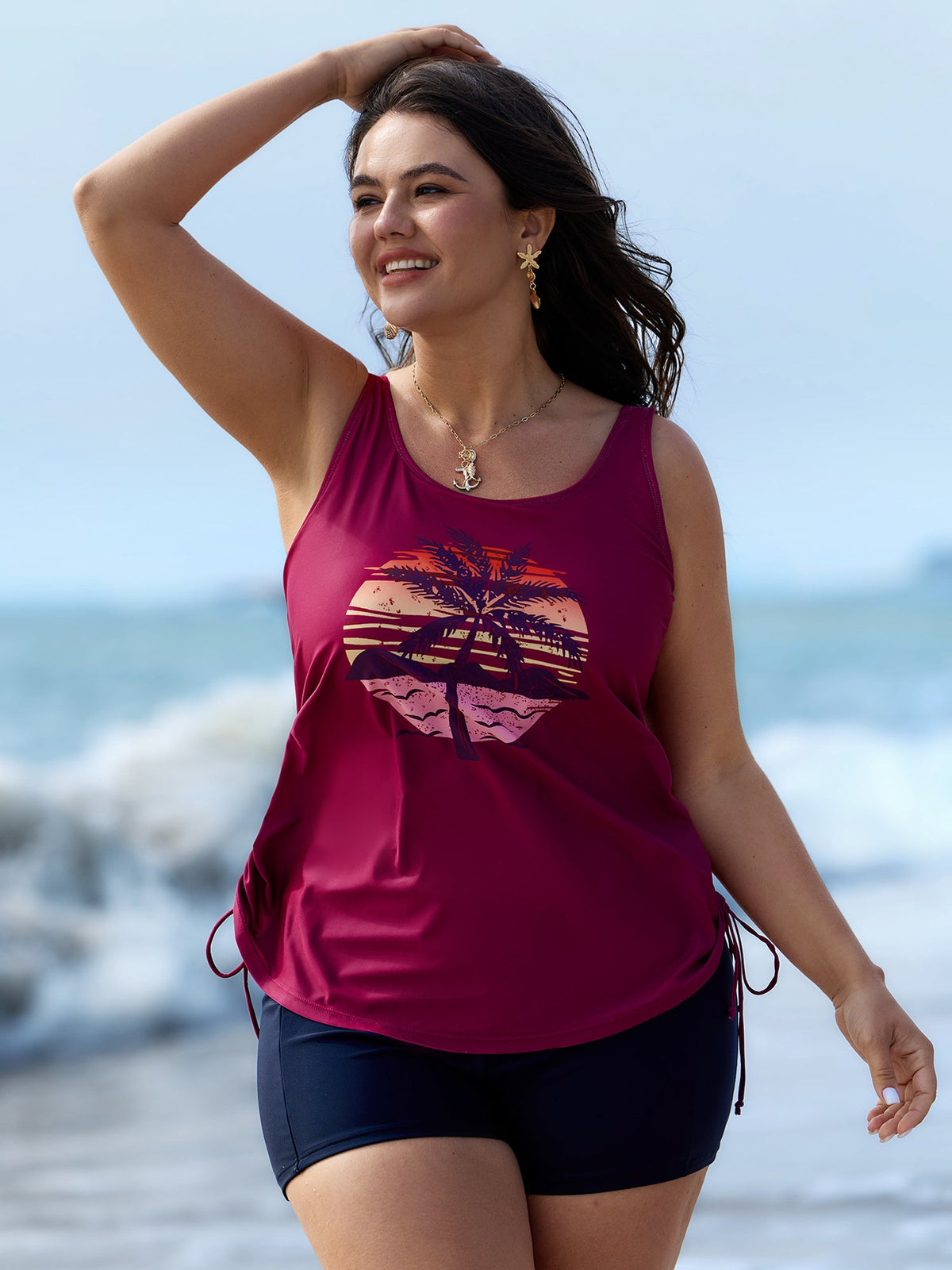 Island Print Drawstring Adjustable Swim Top
