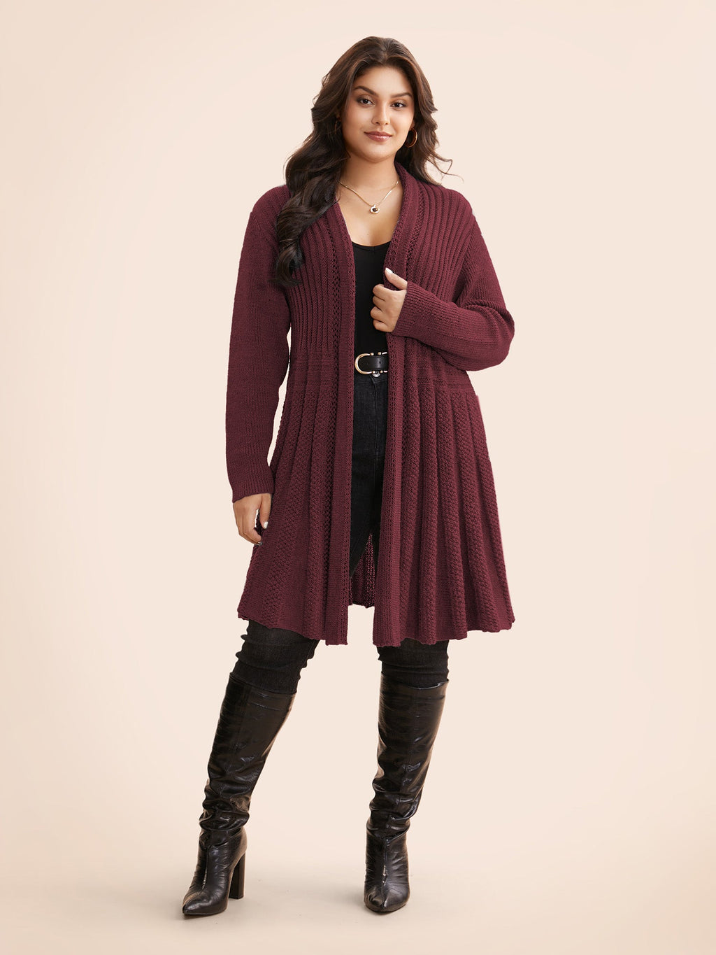 Textured Kimono Collar Long Cardigan