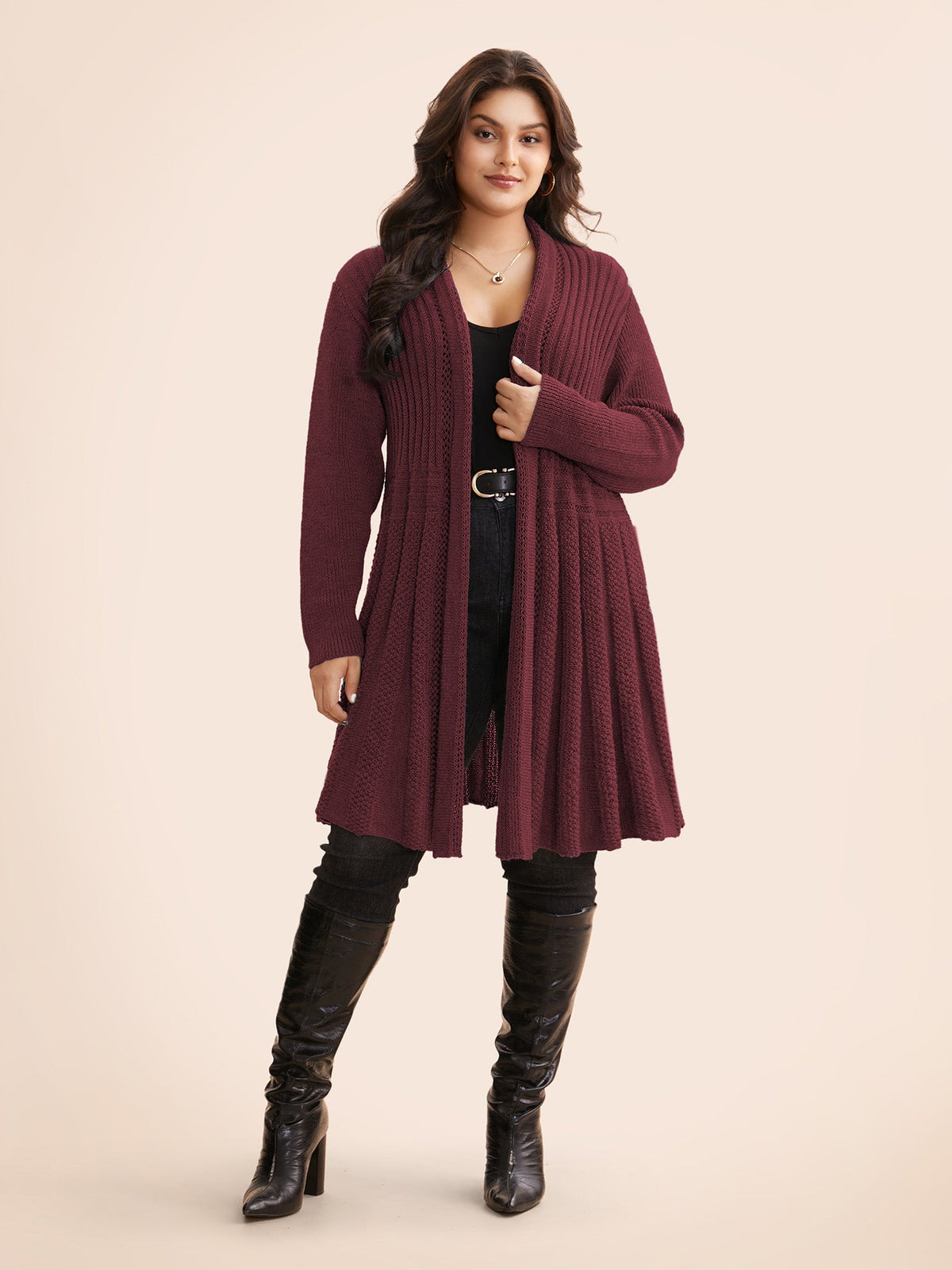 Textured Kimono Collar Long Cardigan