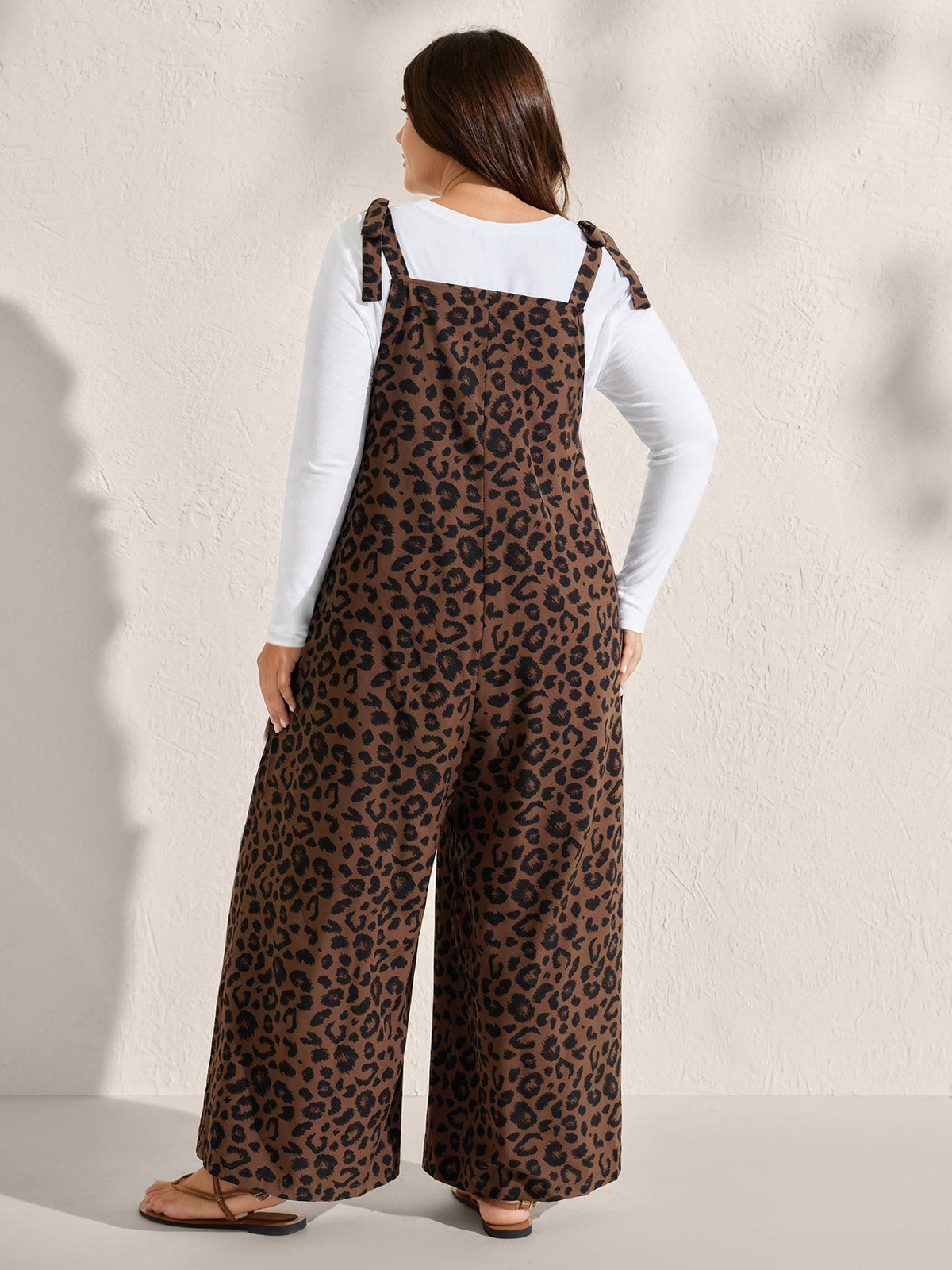 Leopard Print Pockets Shoulder Ties Jumpsuit