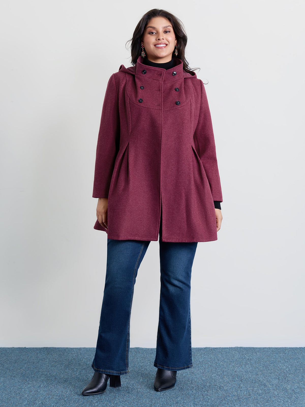Hooded Pleated Pockets Waist-Defining Coat