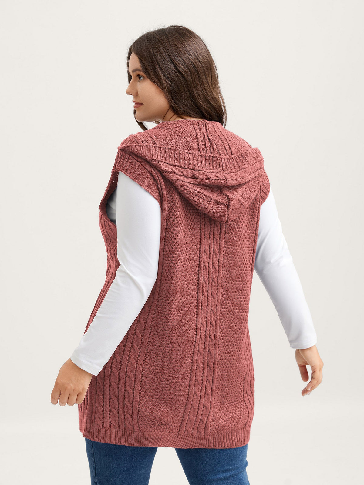 Hooded Sleeveless Cable Knit Cardigan