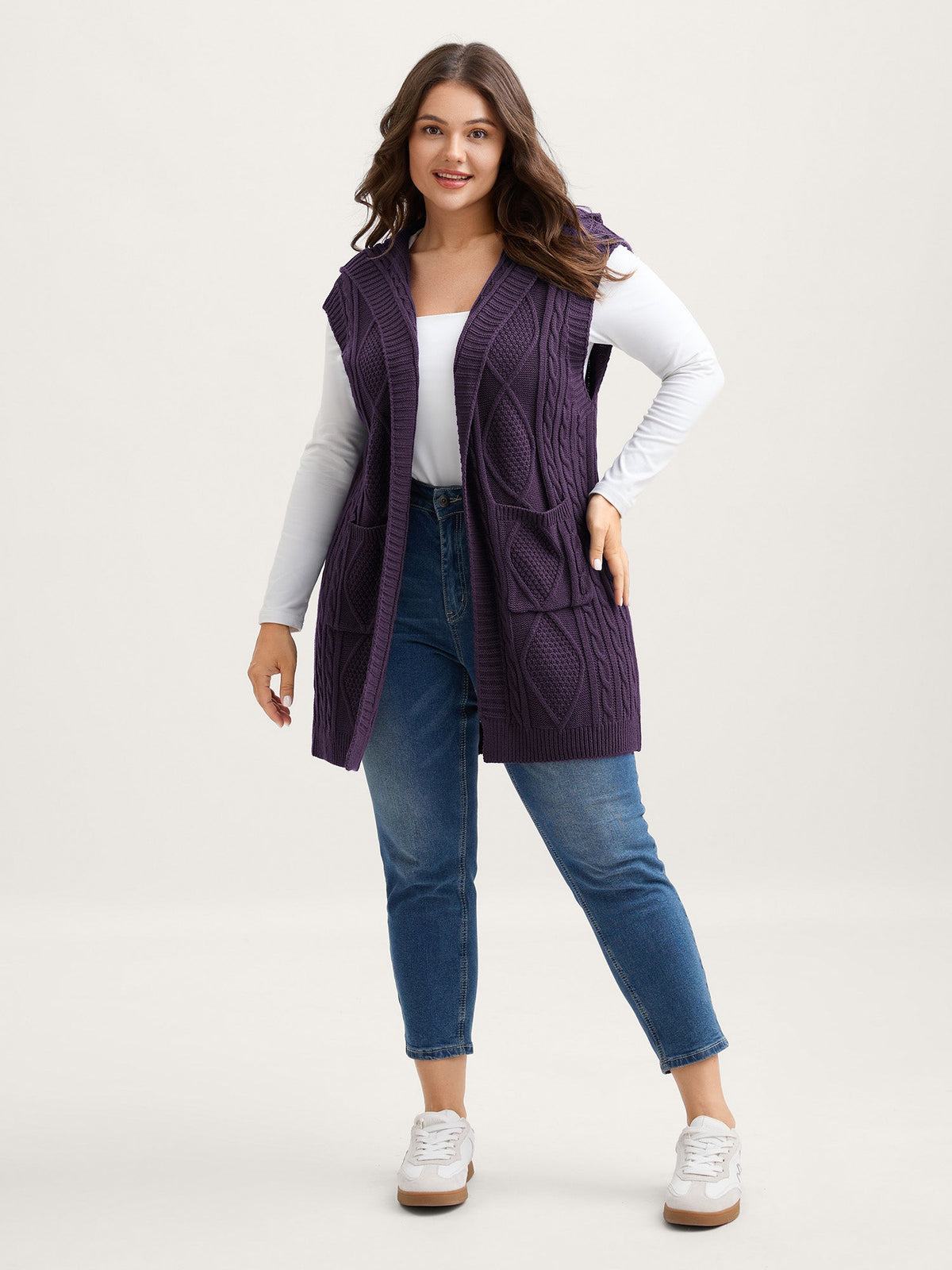 Hooded Sleeveless Cable Knit Cardigan