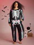 Skeletal Rib Print Hidden Zipper Lounge Jumpsuit