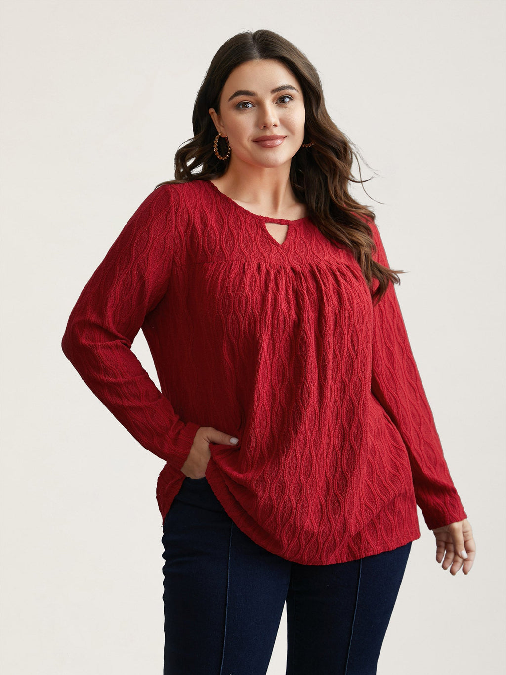 Textured Keyhole Gathered Knit Top