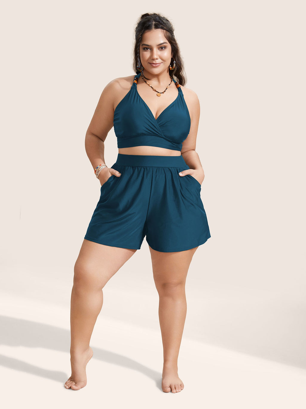 High Waisted Pockets Solid Pleated Swim Shorts